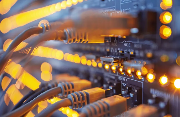 Câbles Ethernet connectés à un panneau de serveurs avec lumières LED orange.