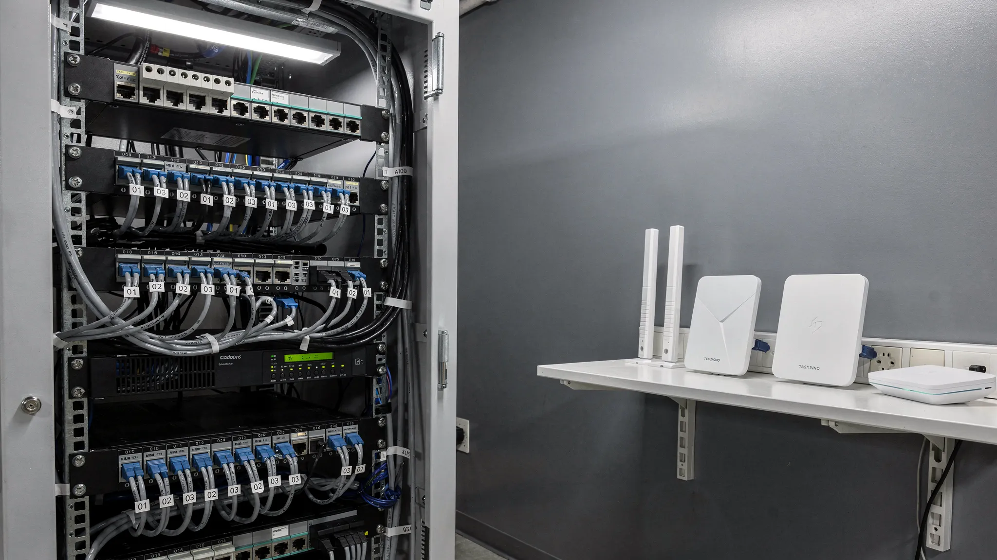 Baie informatique professionnelle ouverte avec switchs rangés, câbles étiquetés, onduleur et bornes Wi‑Fi posées à côté, dans un local technique d’entreprise.
