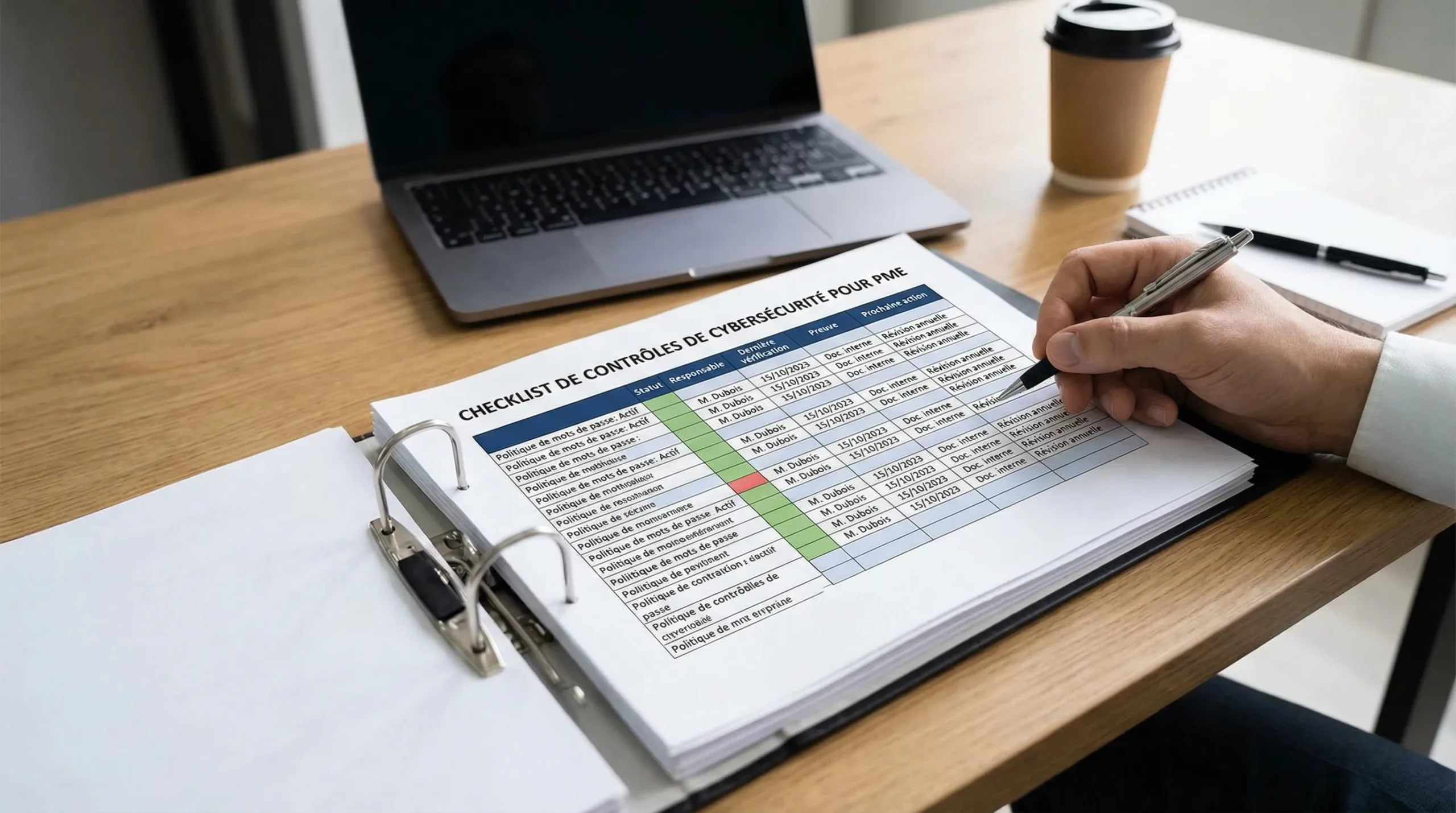 Checklist de contrôles de cybersécurité pour PME, avec colonnes statut, responsable, dernière vérification, preuve et prochaine action, illustrant une approche de pilotage et d’audit.