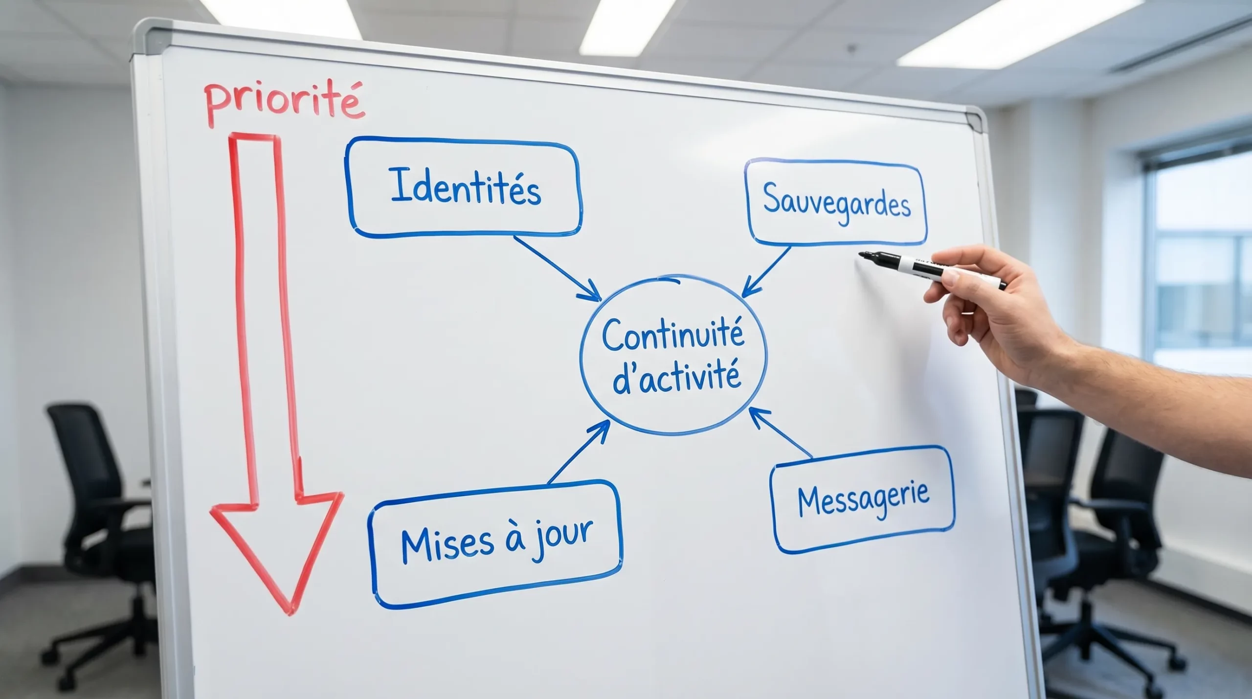 Schéma simple de priorisation cybersécurité pour PME : quatre blocs “Identités”, “Sauvegardes”, “Mises à jour”, “Messagerie”, reliés à un centre “Continuité d’activité”, avec une flèche “priorité” allant du haut vers le bas.