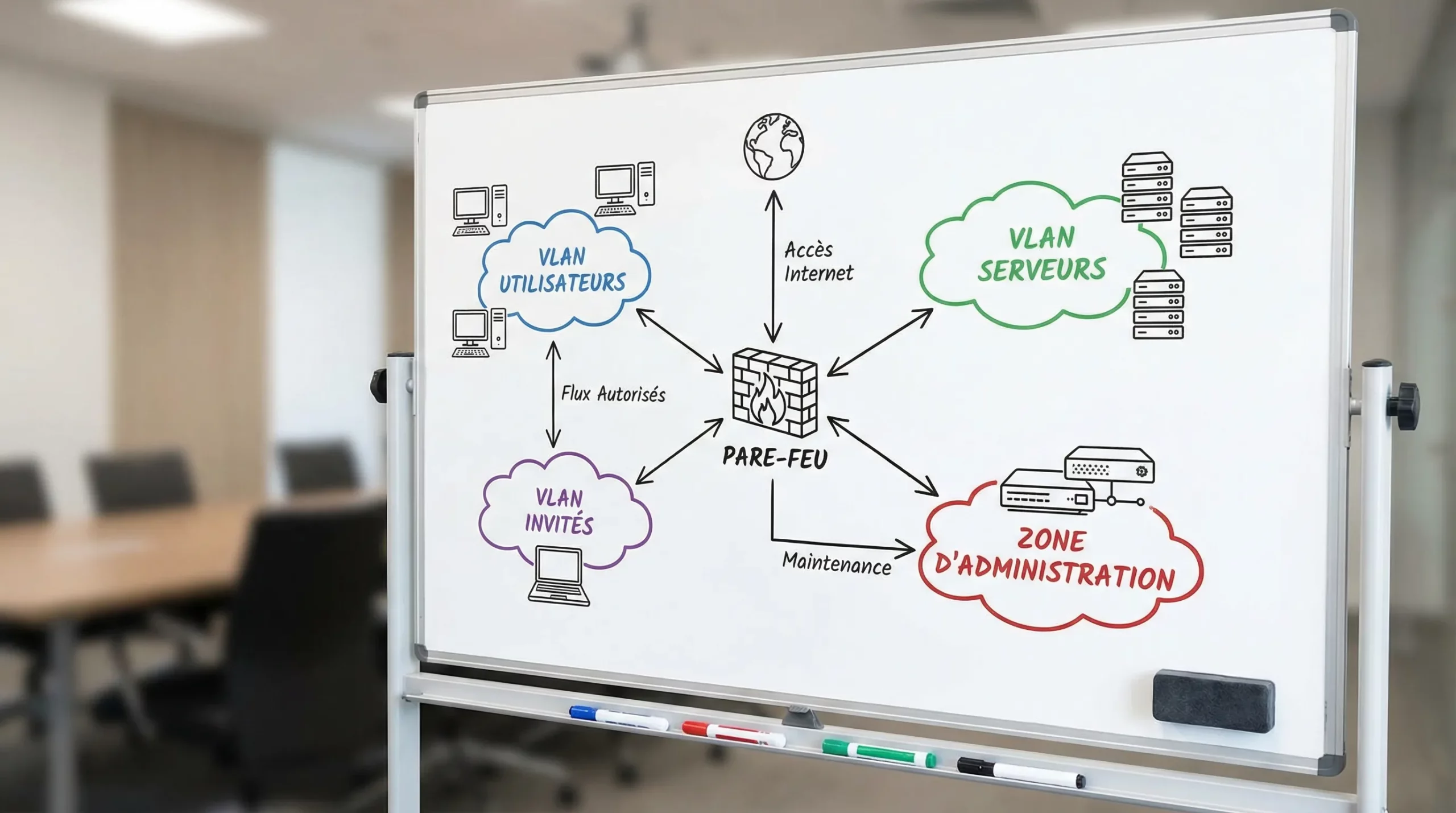 Schéma simple de segmentation réseau pour une PME avec VLAN utilisateurs, VLAN serveurs, VLAN invités, zone d’administration, pare-feu au centre et flux autorisés explicitement.