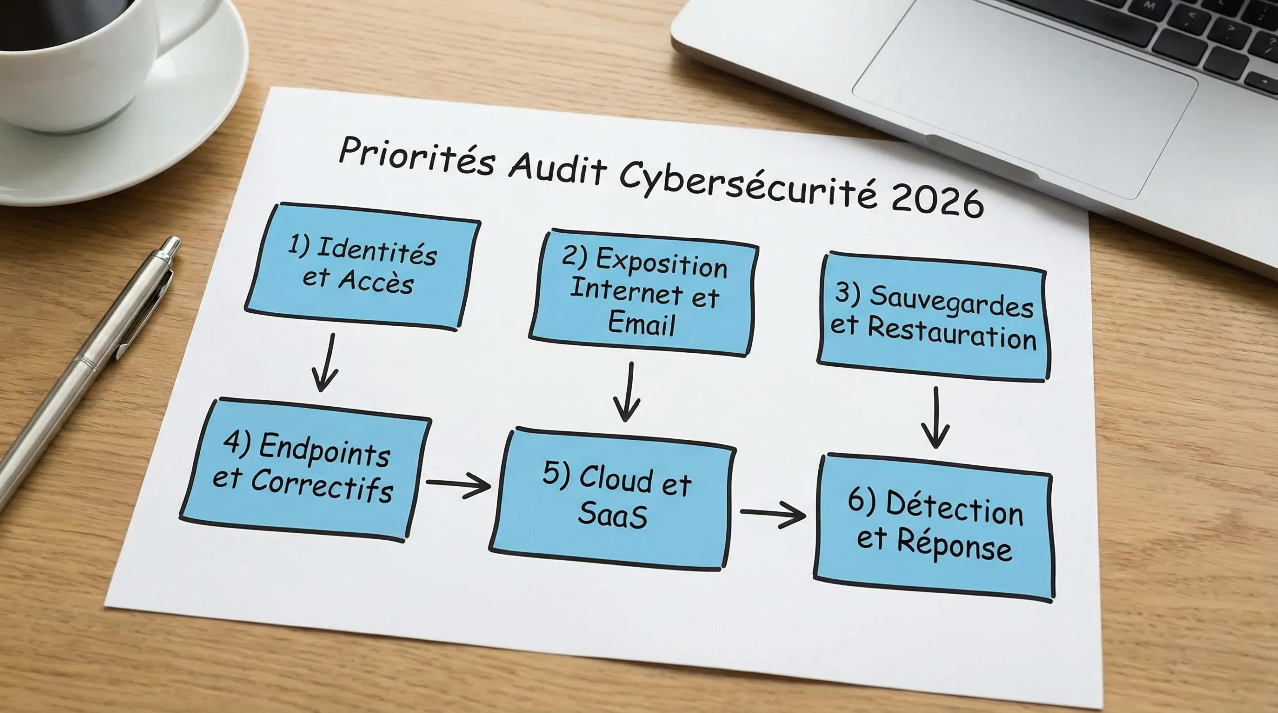 Schéma simple des priorités d’un audit cybersécurité en 2026 : 1) identités et accès, 2) exposition Internet et email, 3) sauvegardes et restauration, 4) endpoints et correctifs, 5) cloud et SaaS, 6) détection et réponse.