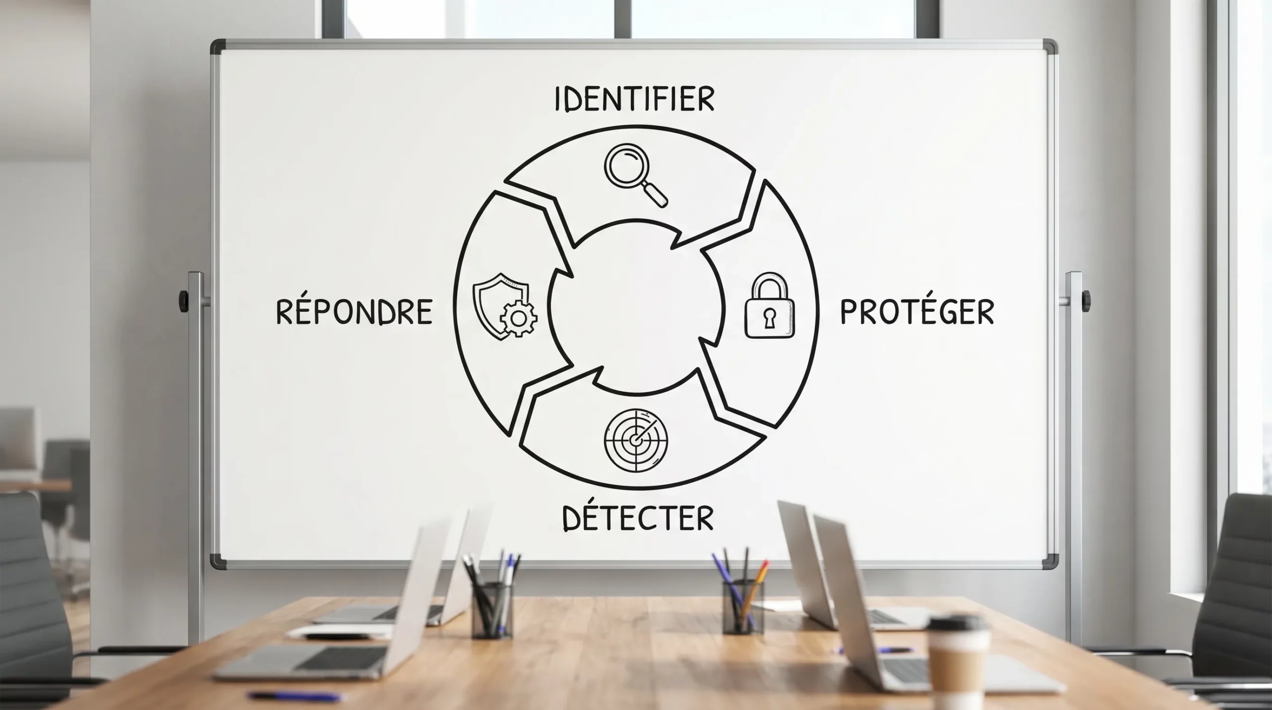 Schéma simple du cycle cybersécurité en 4 étapes, Identifier, Protéger, Détecter, Répondre, dans un cercle.