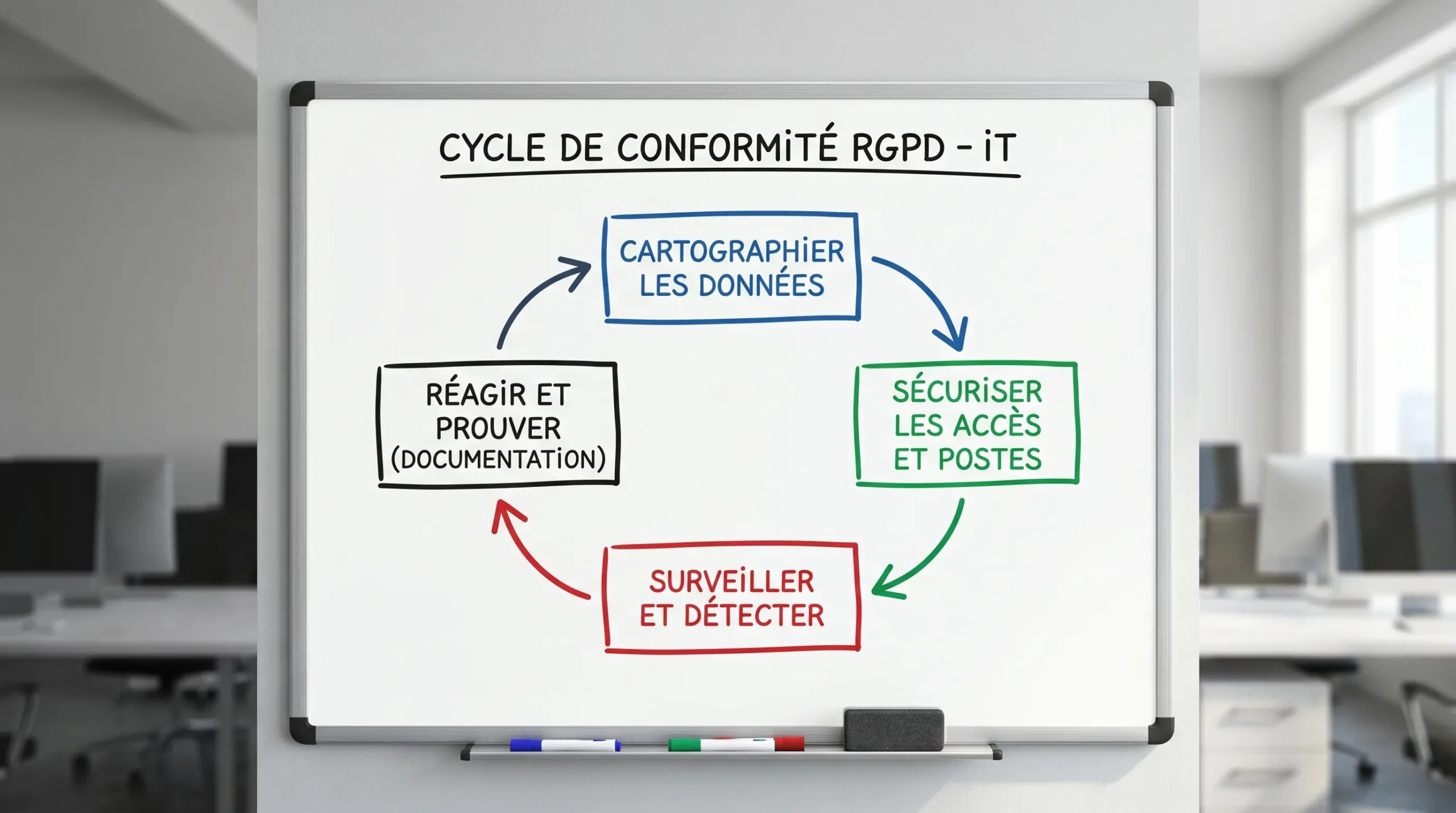 Schéma simple du cycle de conformité RGPD côté IT, avec 4 blocs reliés en boucle : cartographier les données, sécuriser les accès et postes, surveiller et détecter, réagir et prouver (documentation).