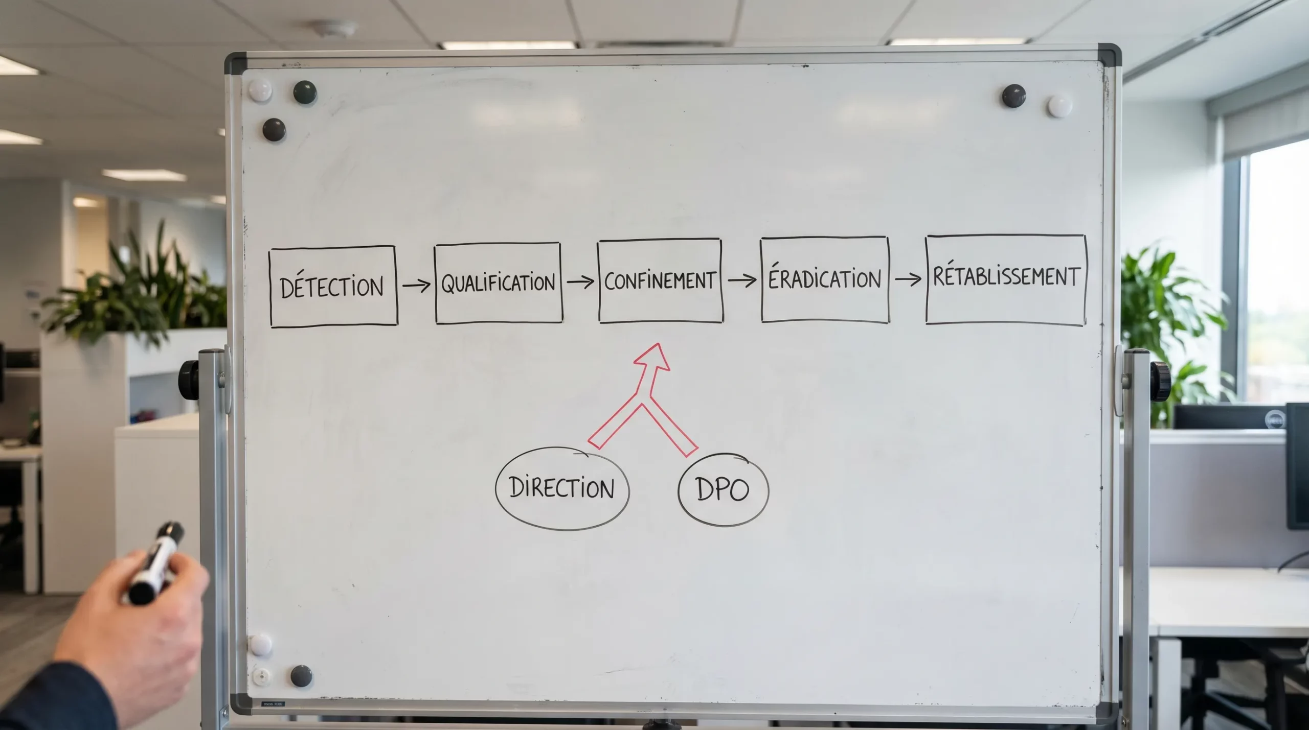 Schéma simple d’un processus de gestion d’incident cyber en entreprise, avec 5 étapes maximum (détection, qualification, confinement, éradication, rétablissement) et une flèche d’escalade vers la direction et le DPO.