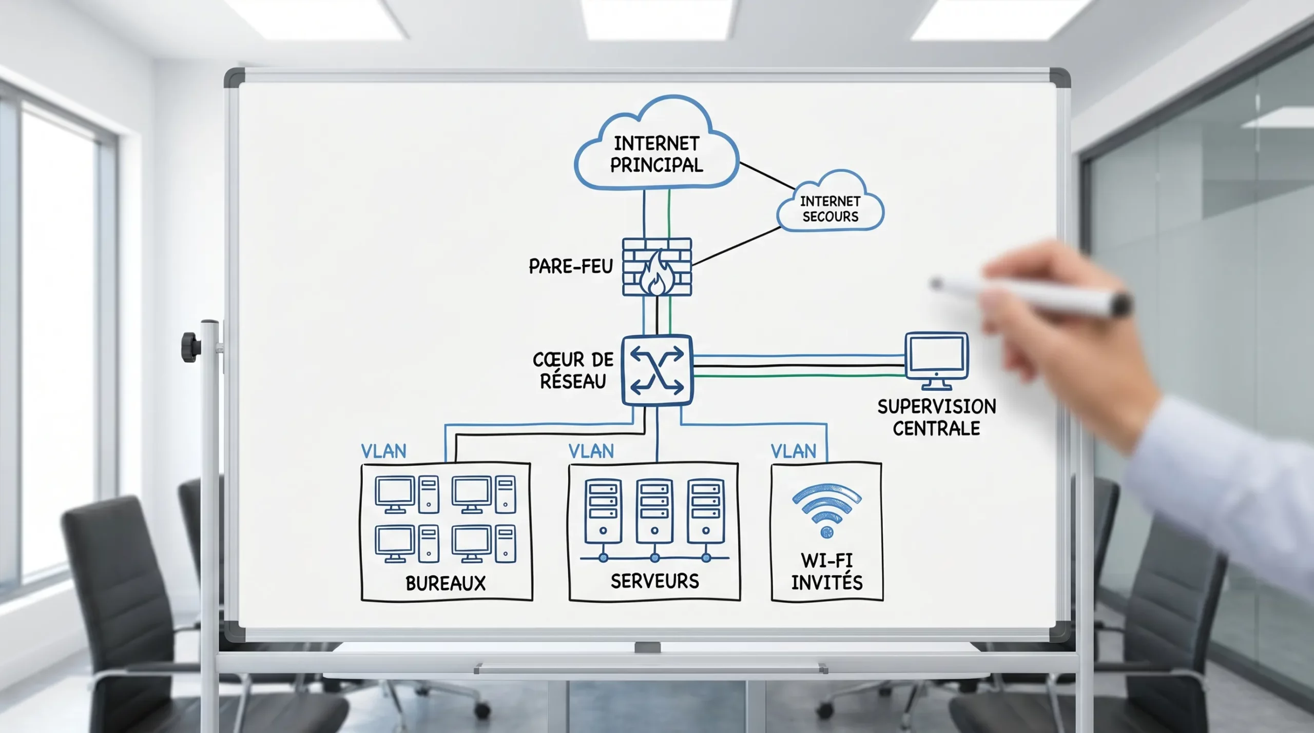 Schéma simple d’un réseau d’entreprise avec deux liens Internet (principal et secours), un pare-feu, un cœur de réseau, des VLAN séparés (bureaux, serveurs, Wi‑Fi invités) et une supervision centrale.