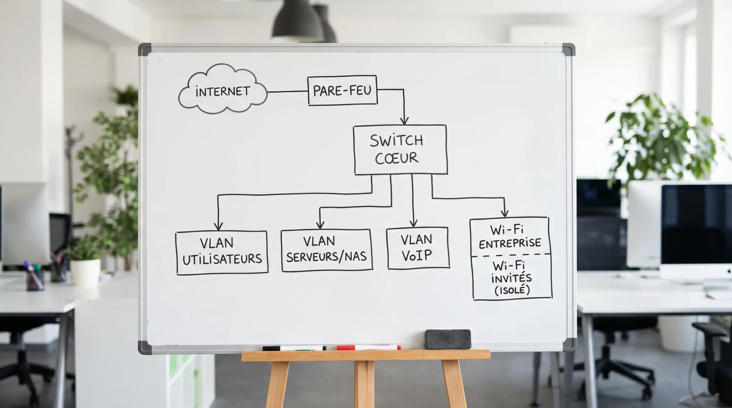 Schéma simple d’un réseau PME : Internet vers pare-feu, puis switch coeur, avec VLAN utilisateurs, VLAN serveurs/NAS, VLAN VoIP, Wi‑Fi entreprise et Wi‑Fi invités isolé.