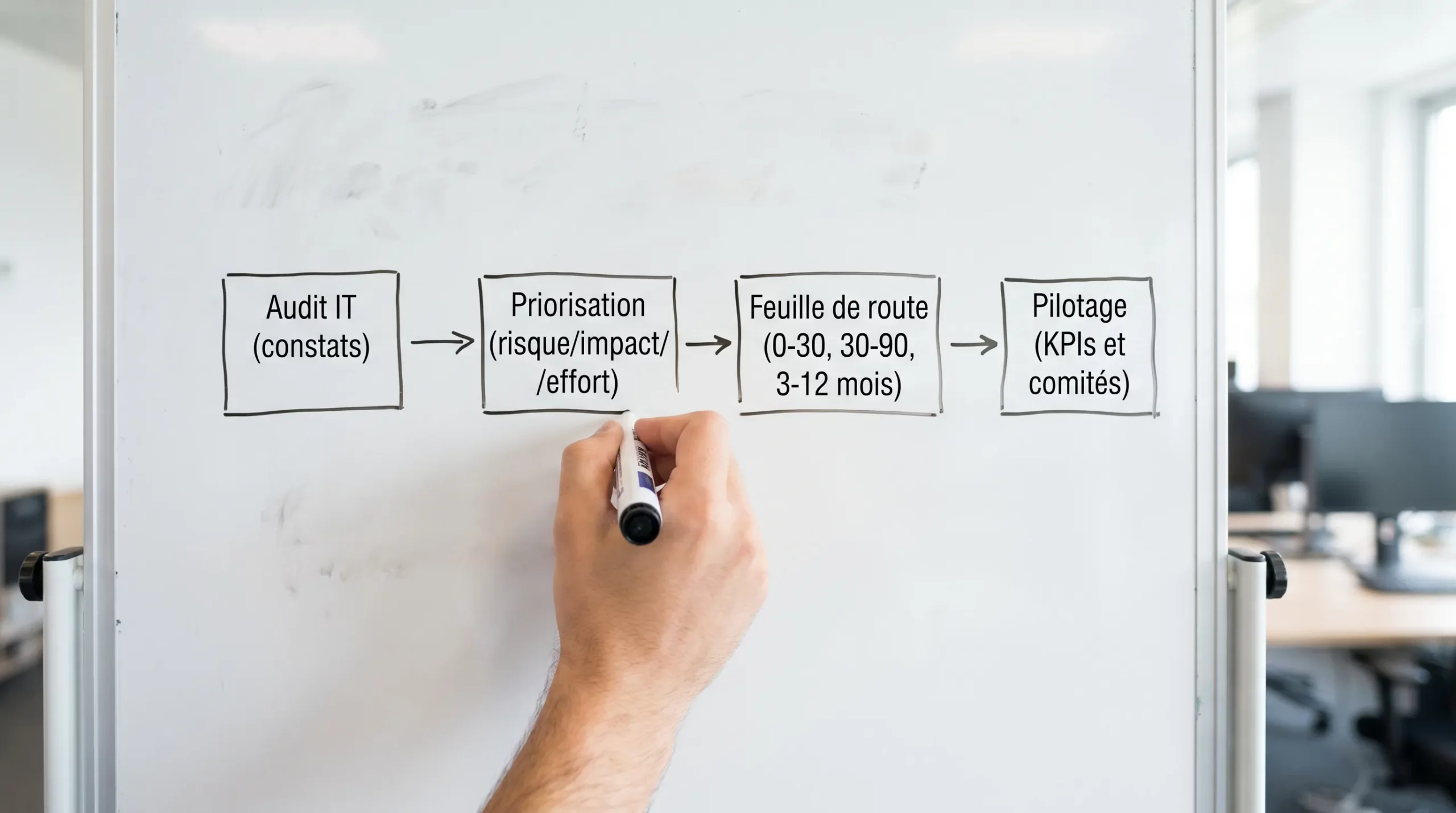 Schéma simple montrant la transformation d’un audit IT en plan d’amélioration, avec quatre blocs reliés par des flèches : Audit (constats), Priorisation (risque/impact/effort), Feuille de route (0-30, 30-90, 3-12 mois), Pilotage (KPIs et comités).