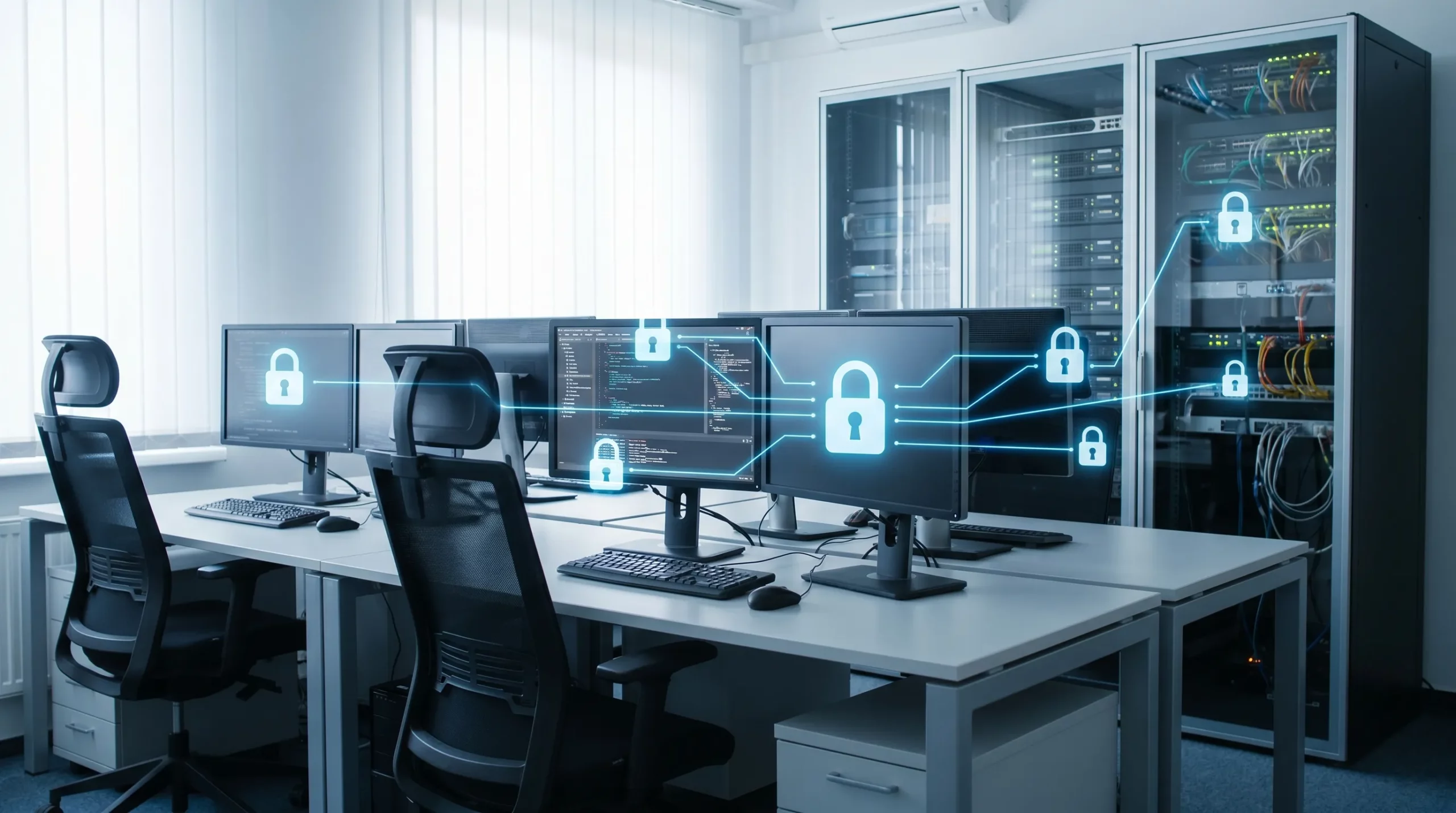 Un bureau informatique professionnel avec plusieurs postes de travail, une baie serveur, des cadenas numériques symbolisant la protection, et des connexions réseau sécurisées entre les équipements.