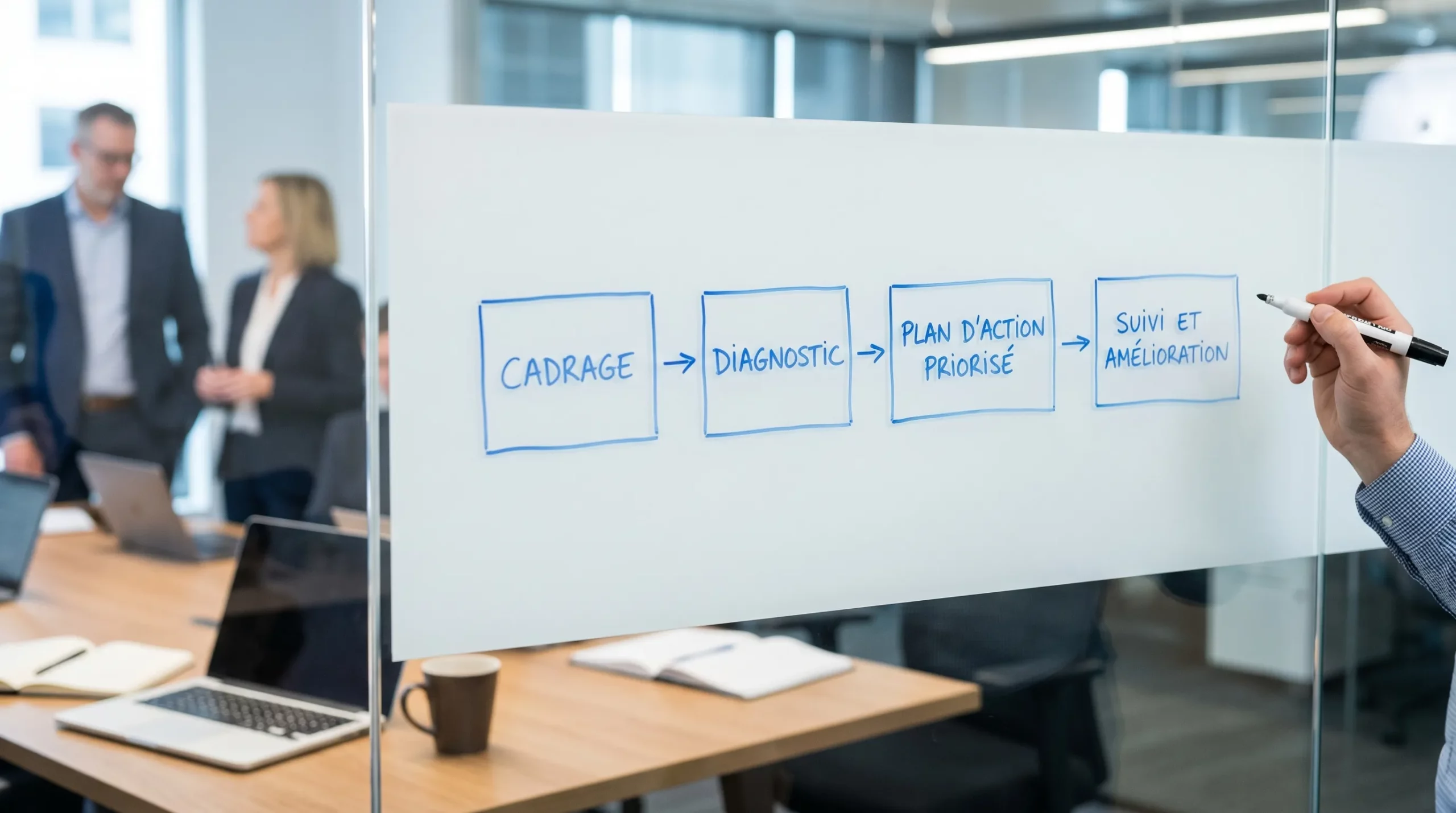 Un schéma simple en 4 blocs montrant le déroulé d’une mission de consultant cybersécurité : Cadrage, Diagnostic, Plan d’action priorisé, Suivi et amélioration.
