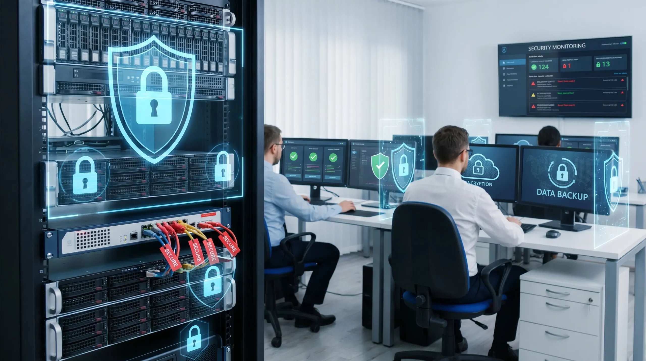 Une infrastructure informatique de PME avec plusieurs couches de protection représentées autour des postes, serveurs, réseau, cloud, sauvegardes et supervision de sécurité.