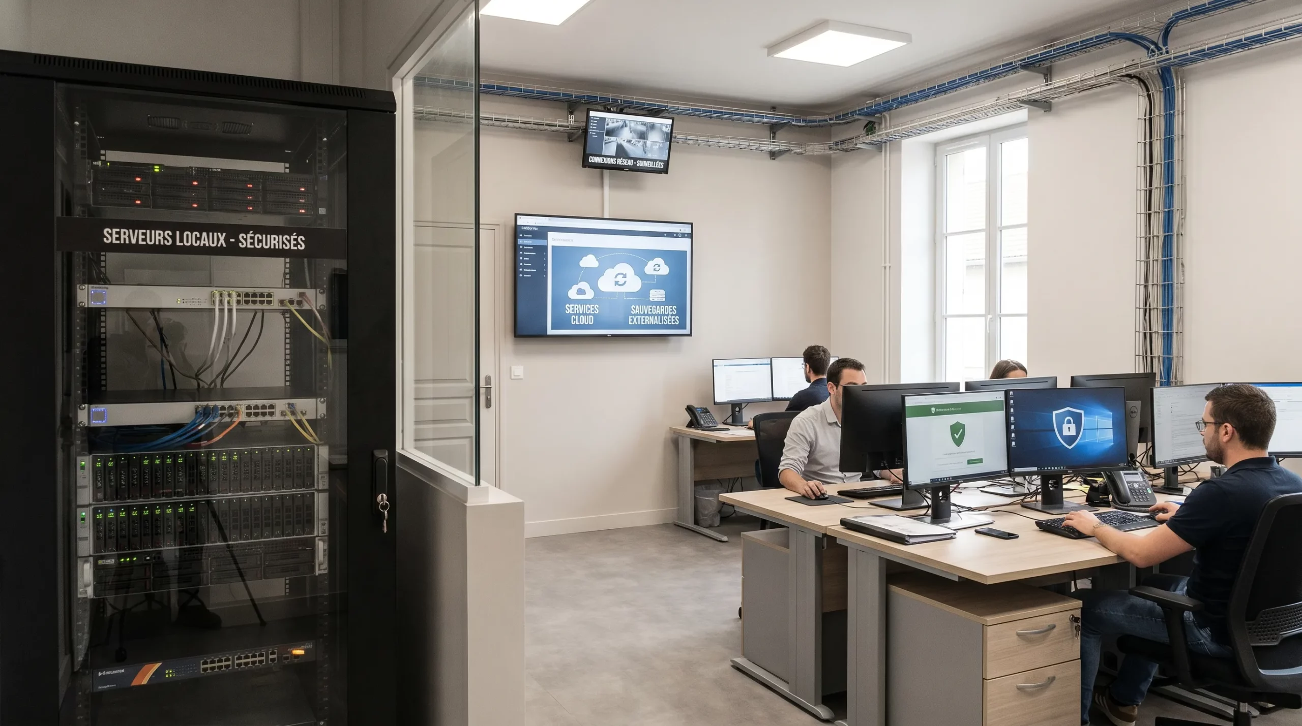 Une PME avec une infrastructure IT hybride : serveurs locaux sécurisés, services cloud, sauvegardes externalisées et postes utilisateurs protégés, reliés par des connexions réseau surveillées.