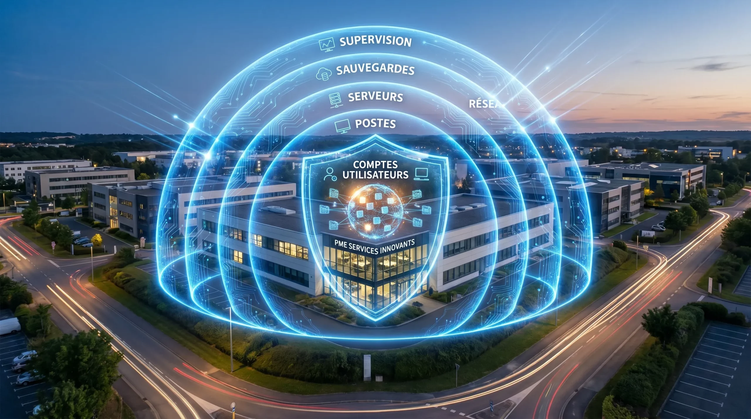 Une PME protégée par plusieurs couches de cybersécurité : comptes utilisateurs, postes, serveurs, réseau, sauvegardes et supervision, représentés comme des boucliers autour des données critiques de l’entreprise.