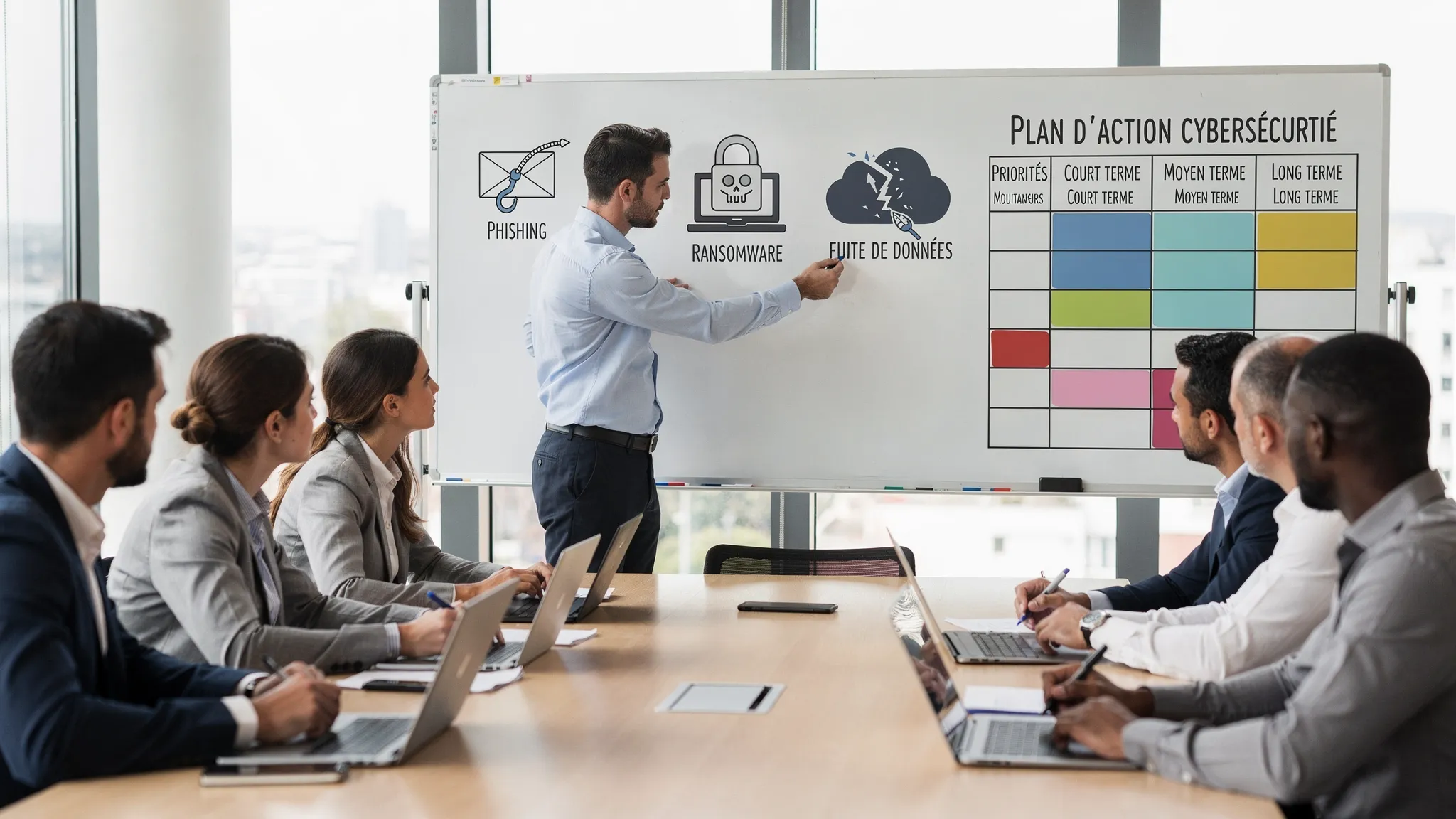 Une réunion dans une PME avec un consultant cybersécurité qui présente un plan d’action sur un tableau, avec des pictogrammes simples de risques (phishing, ransomware, fuite de données) et un calendrier de priorités.