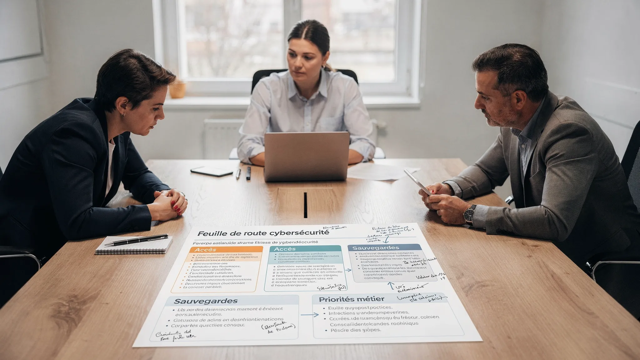 Une table de réunion avec un dirigeant de PME, un responsable administratif et un conseiller informatique local qui examinent une feuille de route cybersécurité imprimée, avec des notes sur les accès, les sauvegardes et les priorités métier.