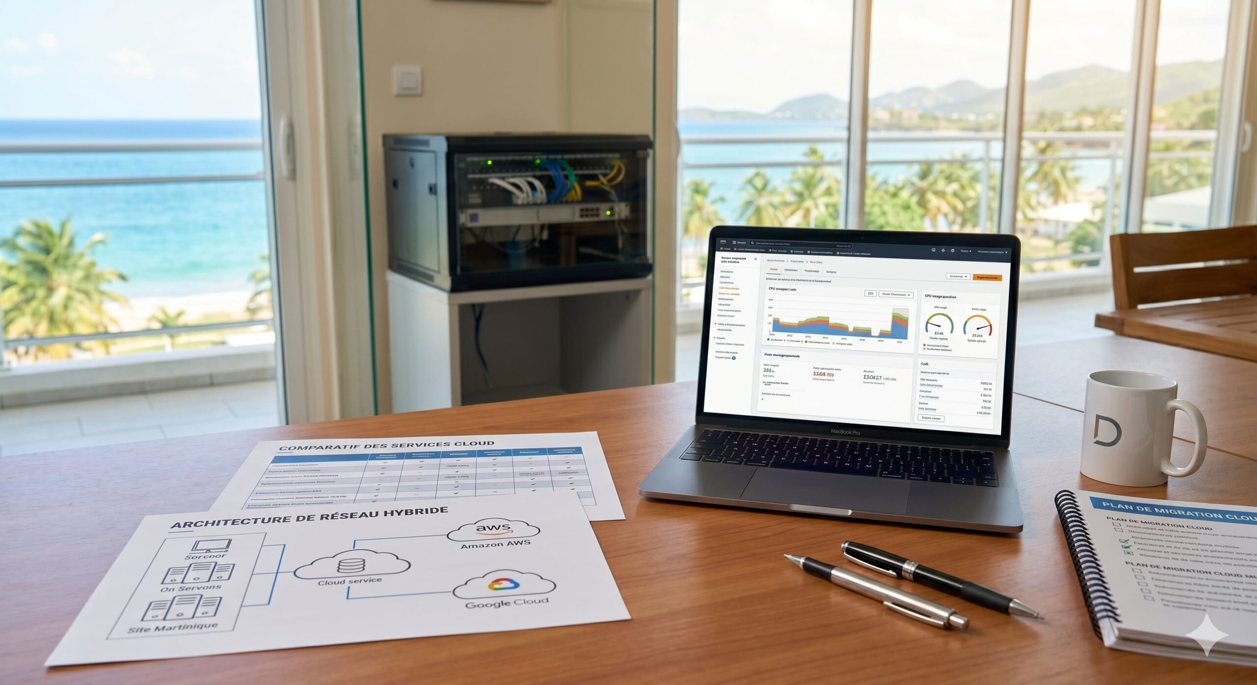 Diagramme détaillé d'architecture de réseau hybride et outils de gestion cloud sur un bureau aux Antilles