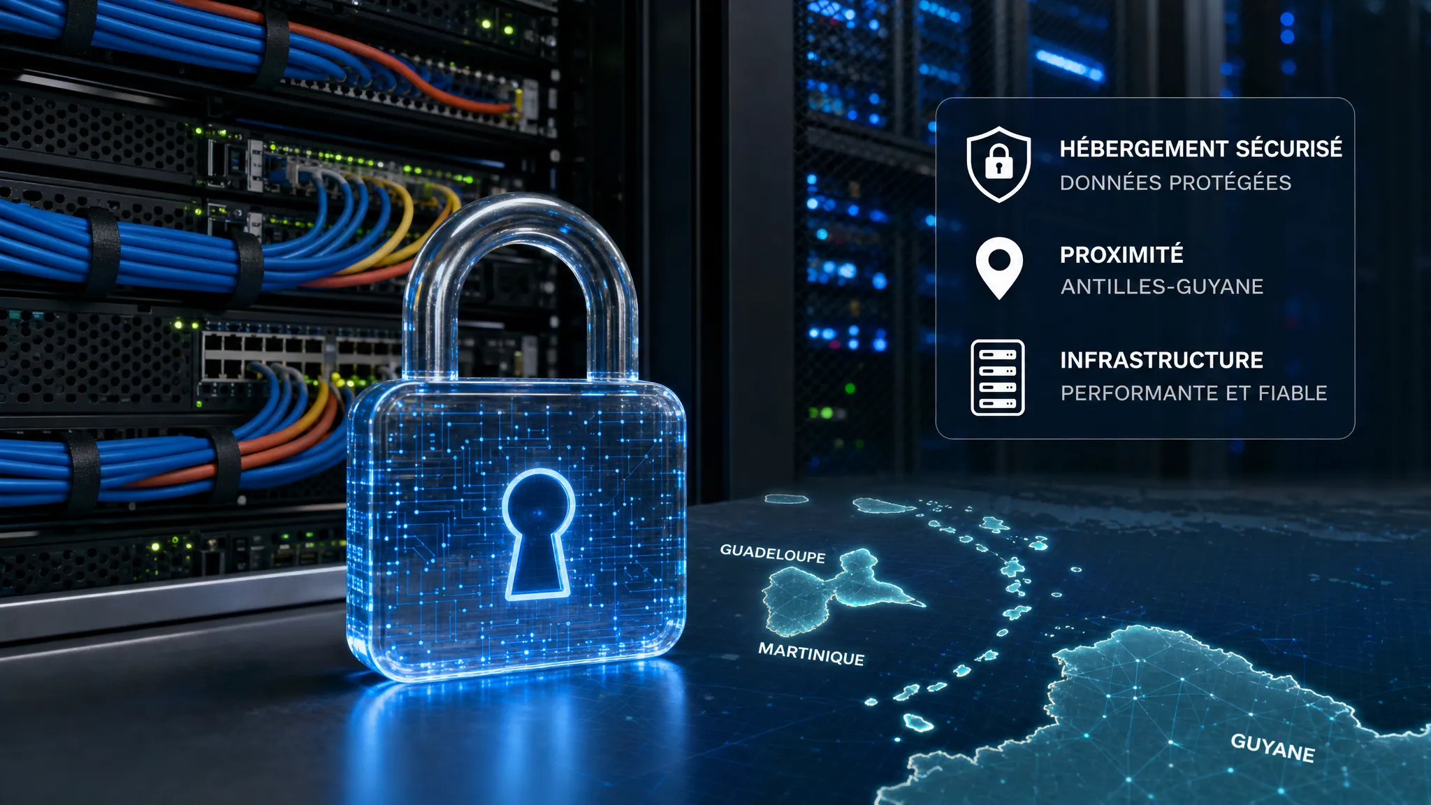 Des baies de serveurs dans un datacenter sécurisé avec des câbles réseau organisés, un symbole de cadenas numérique au premier plan et une carte stylisée des Antilles-Guyane évoquant l'hébergement de données de proximité.