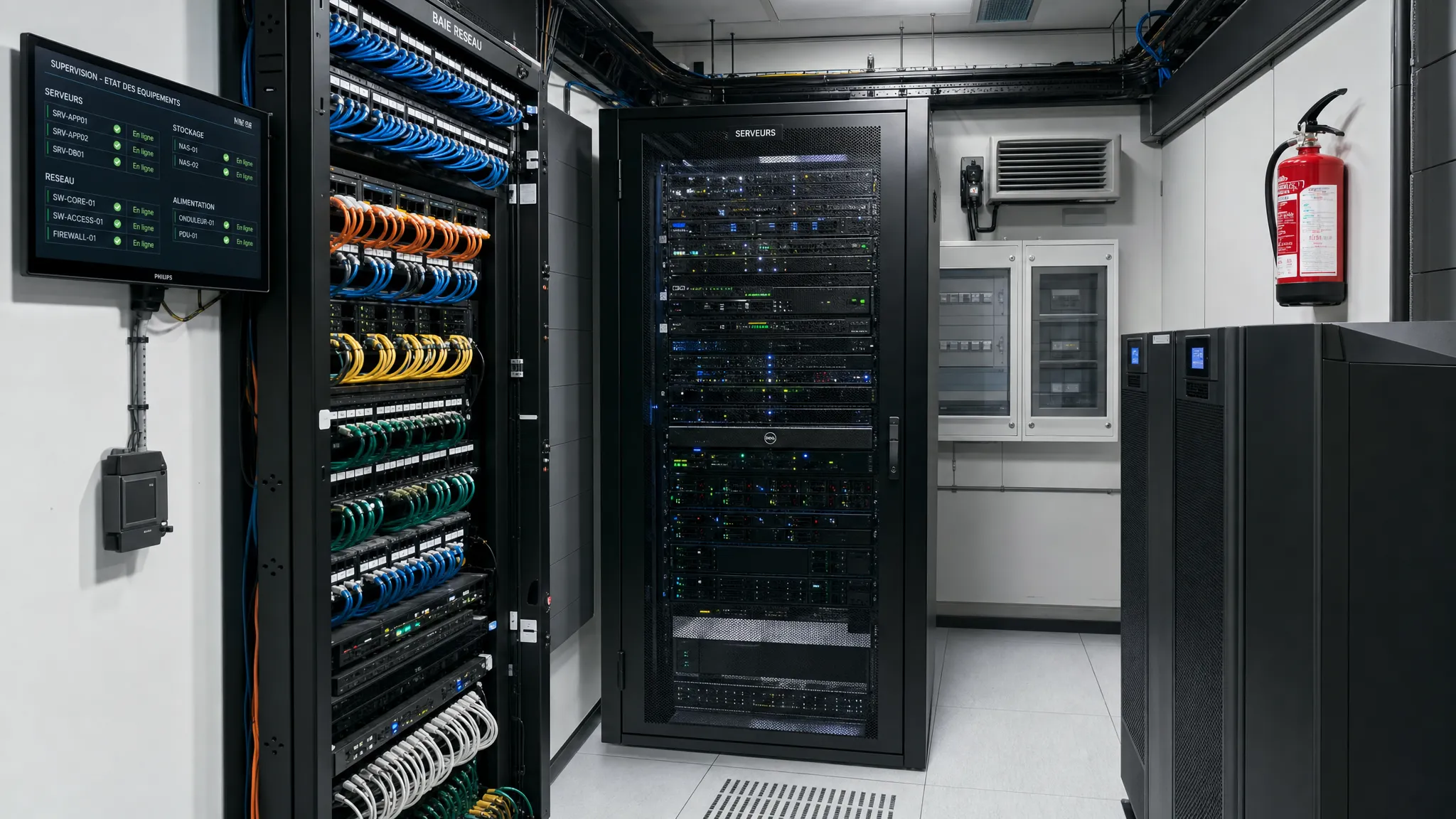 Un local technique bien organisé avec baie réseau, serveurs, câbles étiquetés et voyants de supervision, représentant une infrastructure informatique professionnelle et maîtrisée.