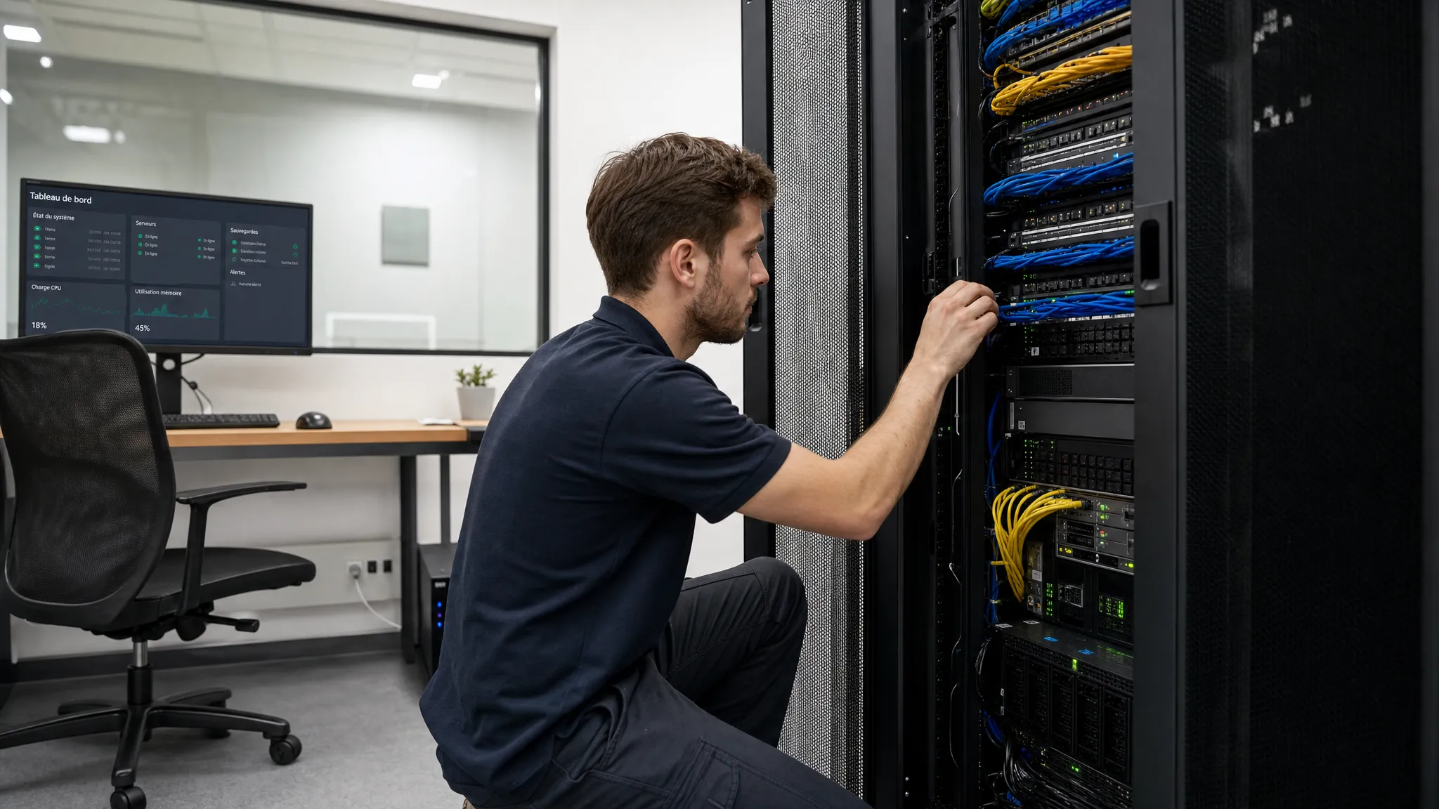 Un technicien informatique vérifie une baie réseau dans les locaux d’une PME, avec des câbles organisés, des serveurs allumés et un espace de travail propre illustrant la supervision et la maintenance informatique.