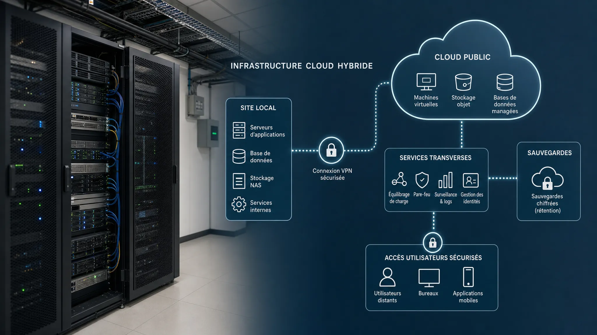 Une baie serveur organisée dans un local technique reliée à une représentation d’infrastructure cloud hybride, avec des connexions réseau, des sauvegardes et des accès utilisateurs sécurisés.