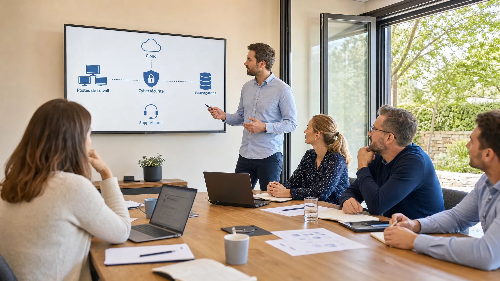 Une équipe de PME échange autour d’un schéma simple d’infrastructure informatique montrant cloud, cybersécurité, postes de travail, sauvegardes et support local, sur une table de réunion avec vue sur une baie vitrée ouverte vers l’extérieur.