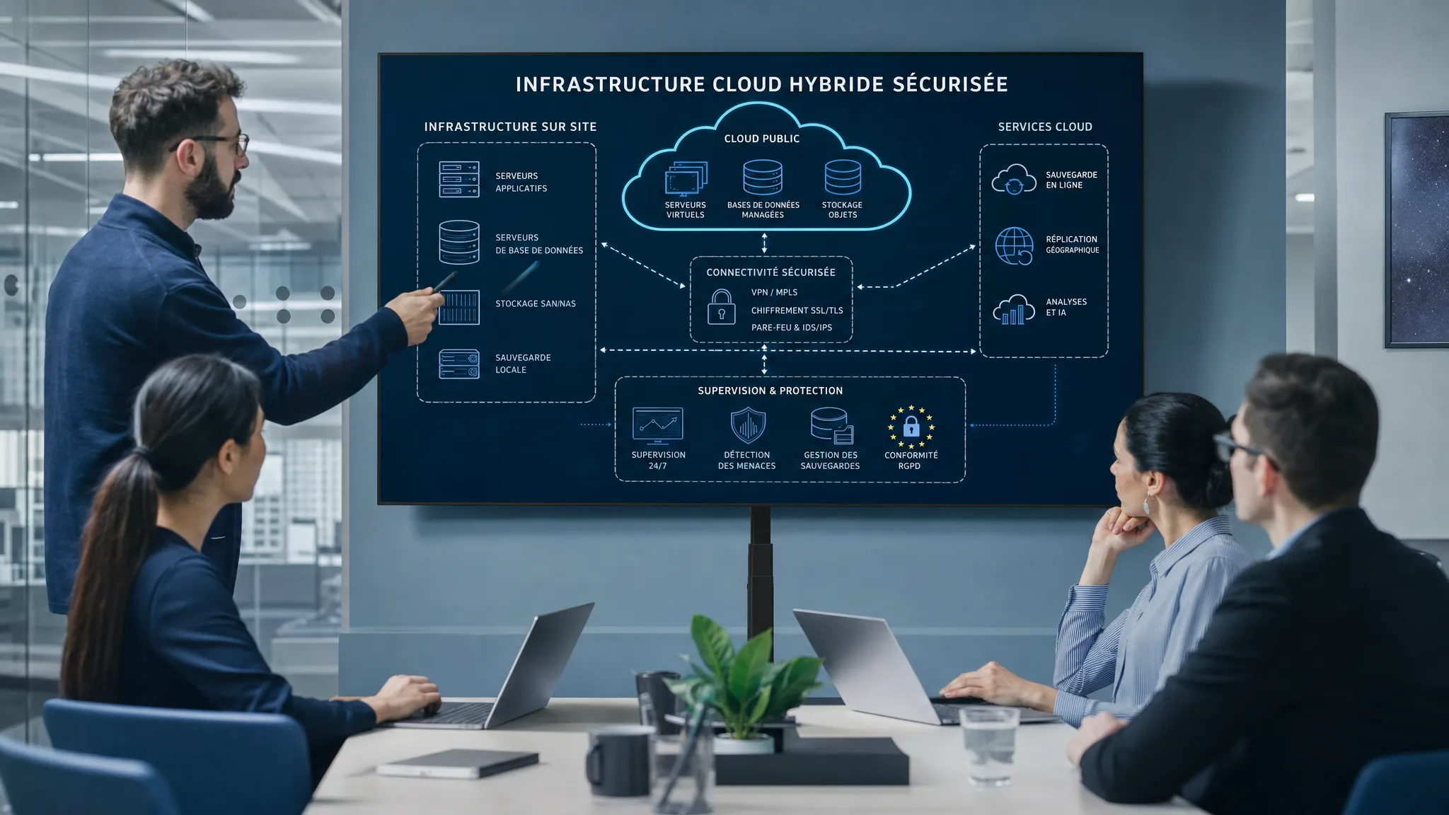 Une équipe informatique examine un schéma d’infrastructure cloud hybride avec des serveurs, des liaisons réseau sécurisées et des espaces de stockage, en mettant l’accent sur la supervision et la protection des données.