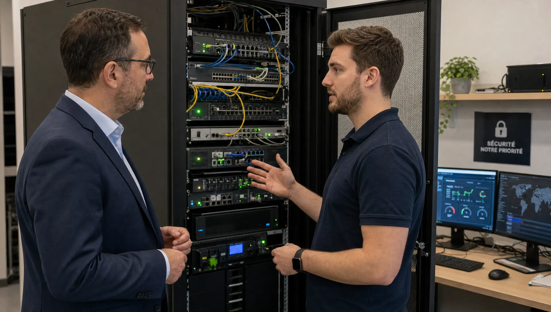 Un responsable de PME échange avec un technicien informatique à côté d’une baie réseau ouverte, avec des voyants de supervision visibles et un poste de travail sécurisé en arrière-plan.