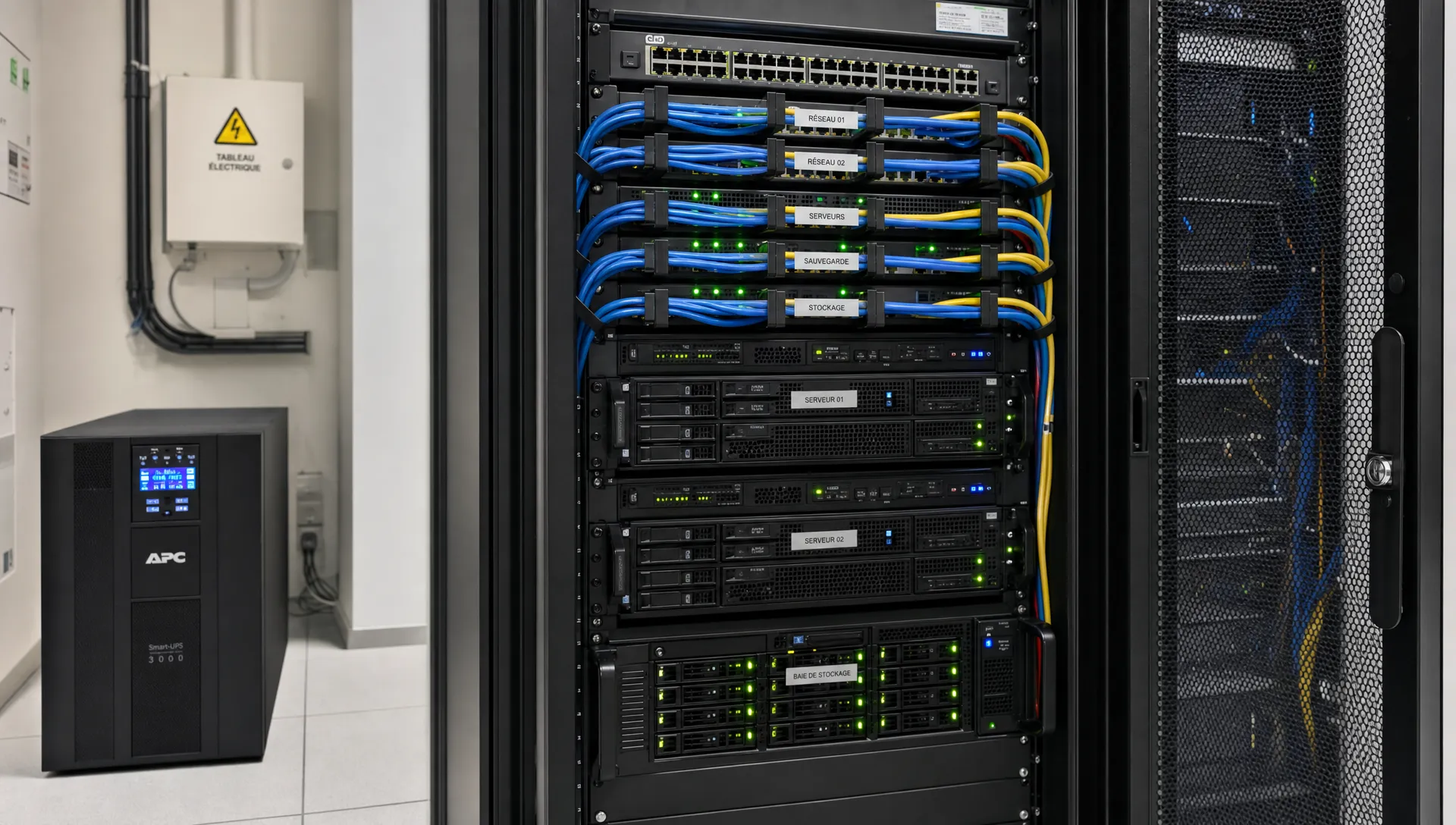 Une baie serveur organisée dans une salle informatique propre, avec câbles réseau étiquetés, onduleur visible et voyants d’état sur les équipements, illustrant des contrôles préventifs d’infogérance serveur.