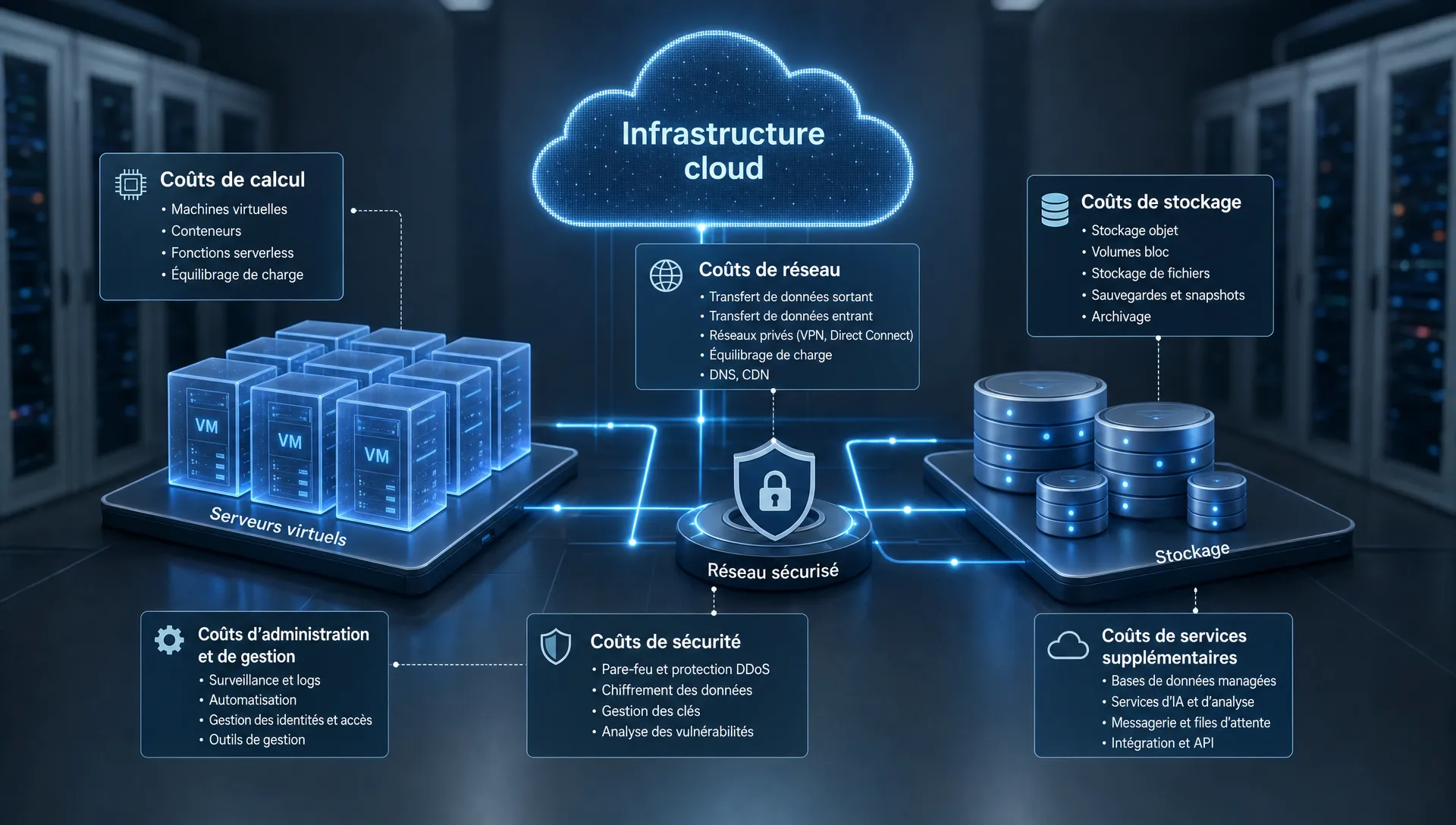 Une infrastructure cloud représentée par des serveurs virtuels, des flux réseau sécurisés et des blocs de stockage séparés, illustrant les différents postes de coûts à surveiller dans une entreprise.