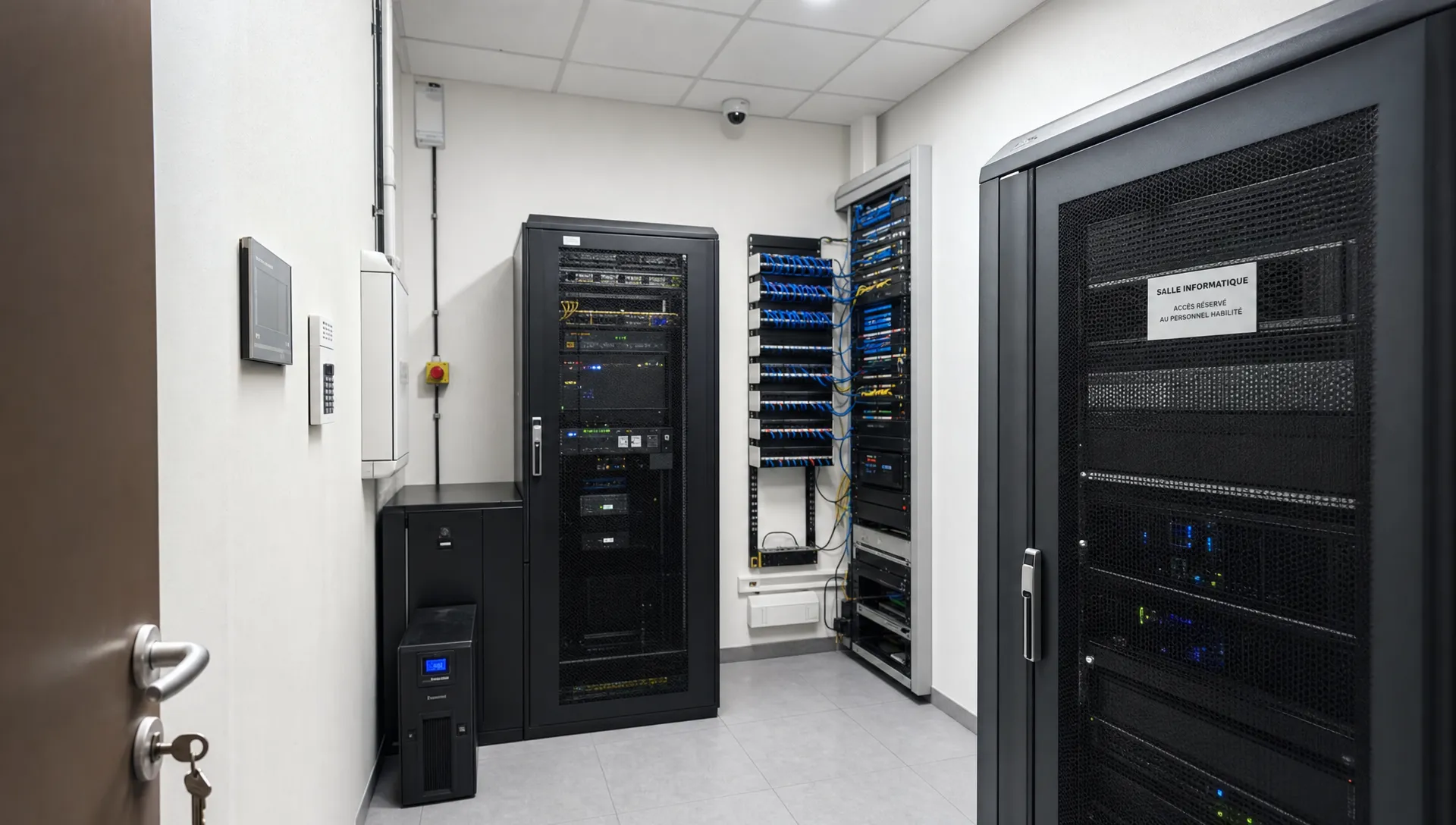 Une salle informatique professionnelle avec baie réseau organisée, serveurs, onduleur et câblage structuré, vue en angle depuis l’entrée dans un environnement propre et sécurisé adapté à une PME.
