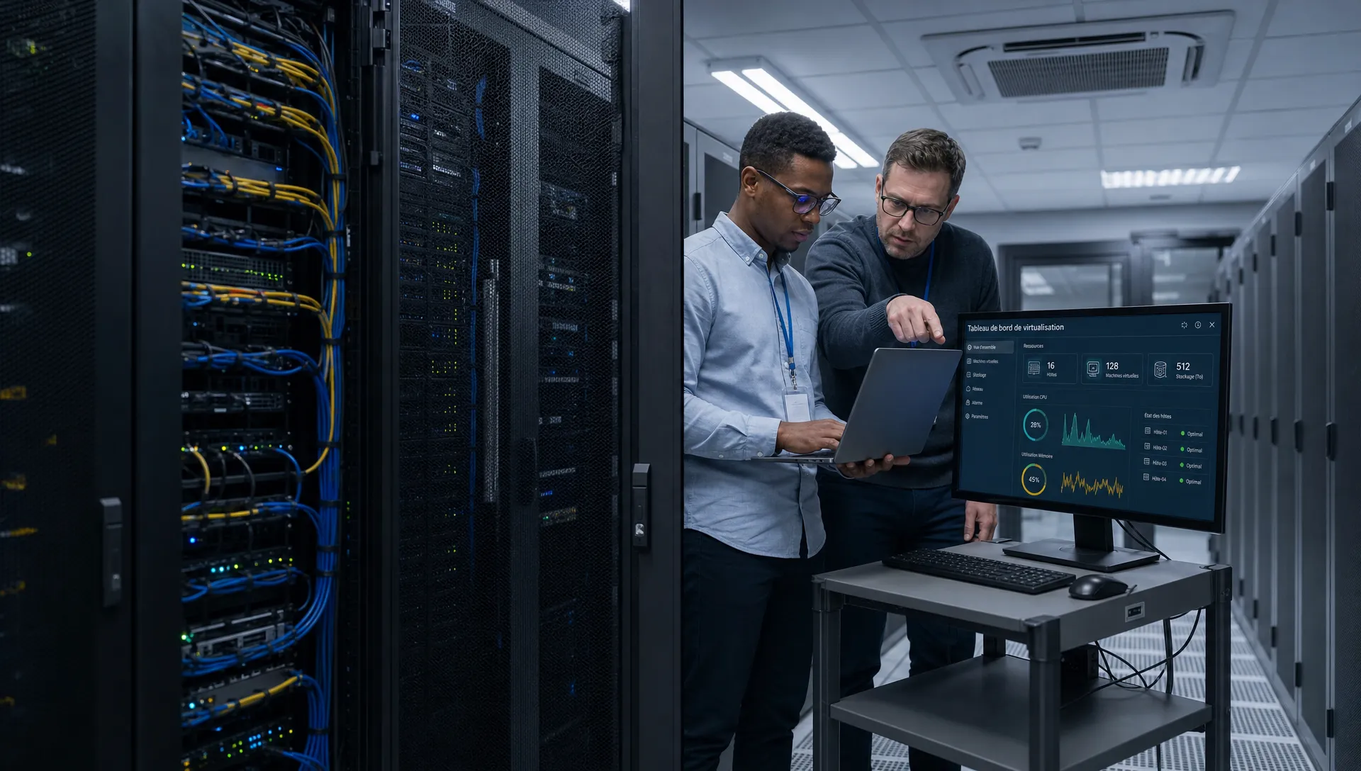 Une salle serveur moderne avec plusieurs baies informatiques, des câbles organisés, un système de climatisation et une équipe technique vérifiant l’état d’une infrastructure virtualisée.