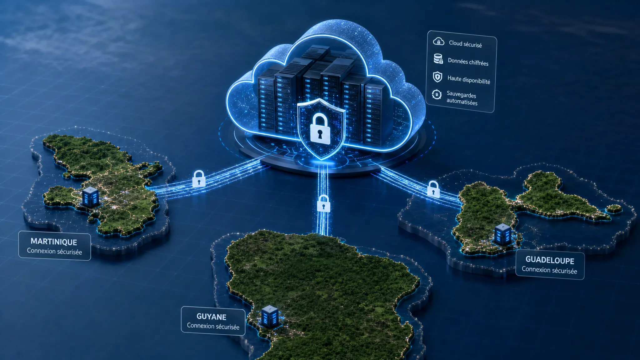 Une vue en perspective d’un schéma de cloud sécurisé avec des serveurs, un cadenas numérique et des liaisons réseau entre la Martinique, la Guadeloupe et la Guyane.
