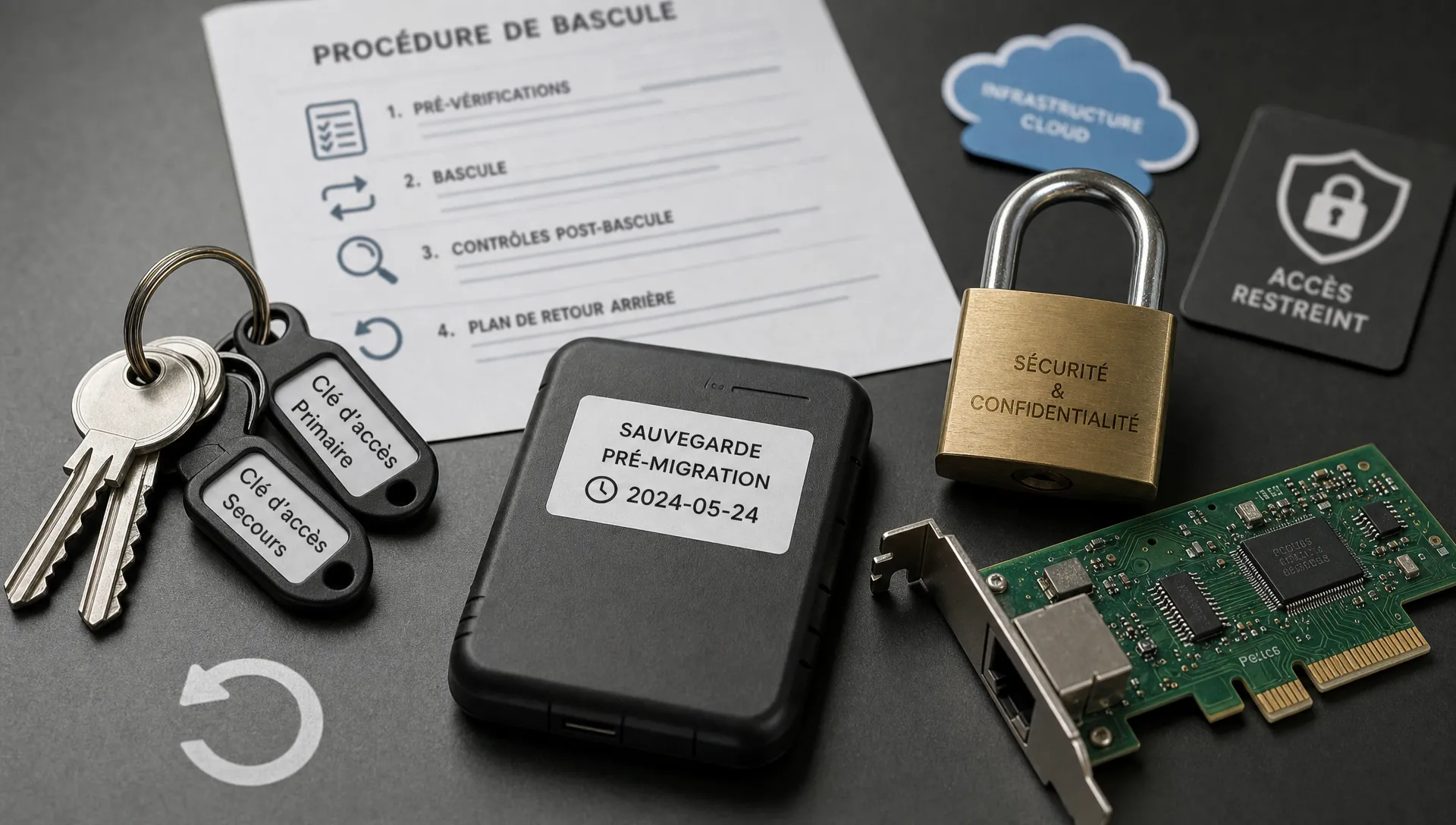 Des clés, un support de sauvegarde et un cadenas symbolisent la préparation d’une installation cloud sans interruption.