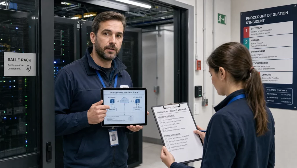 Deux spécialistes IT préparent les connexions sécurisées et la reprise d’un réseau cloud multisite.