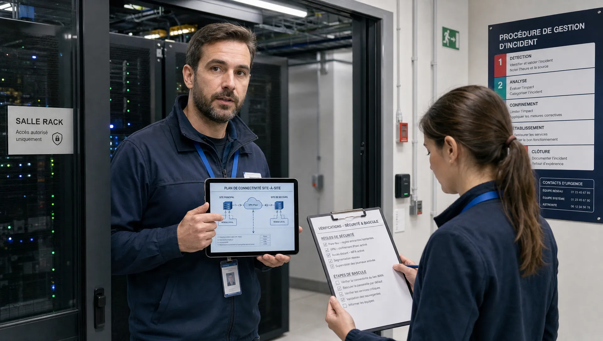 Deux spécialistes IT préparent les connexions sécurisées et la reprise d’un réseau cloud multisite.