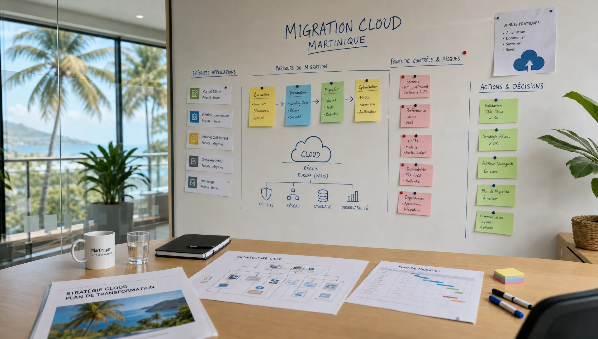 Un bureau de travail présente des notes de stratégie cloud, des risques et des priorités applicatives avant migration.