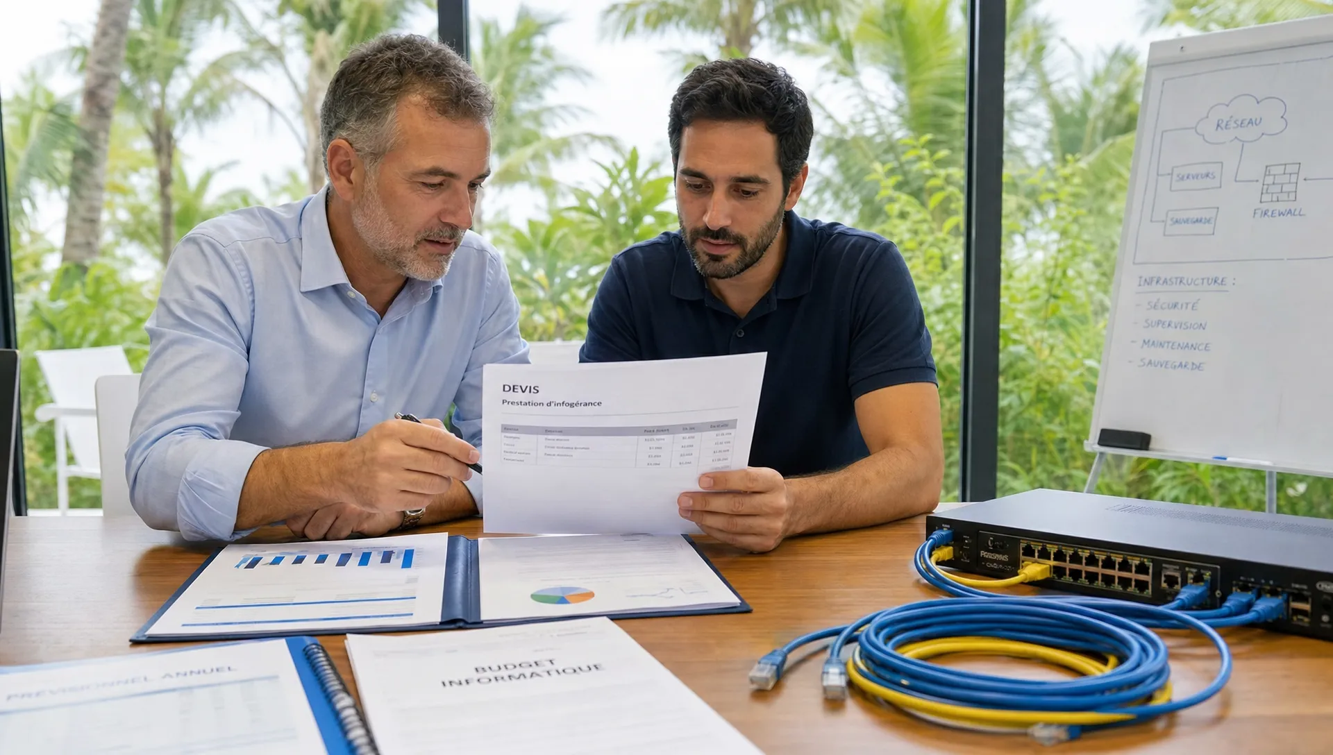 Un dirigeant de PME et un responsable informatique étudient un devis d’infogérance sur une table avec des documents de budget, un routeur réseau et des câbles soigneusement organisés, dans une salle de réunion lumineuse avec vue sur l’extérieur tropical.