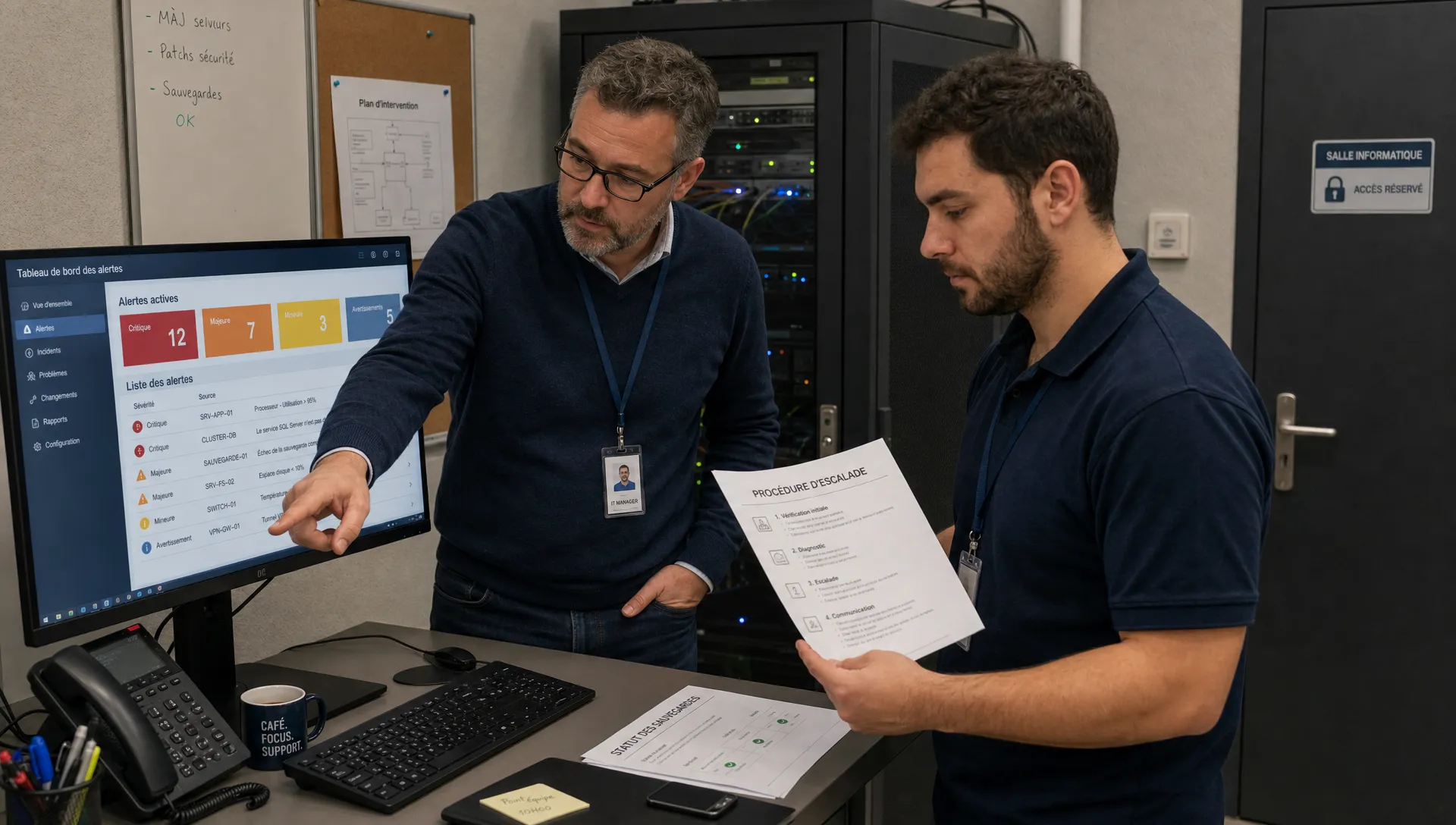 Un responsable informatique et un technicien examinent des alertes, une procédure d’escalade et l’état des sauvegardes.