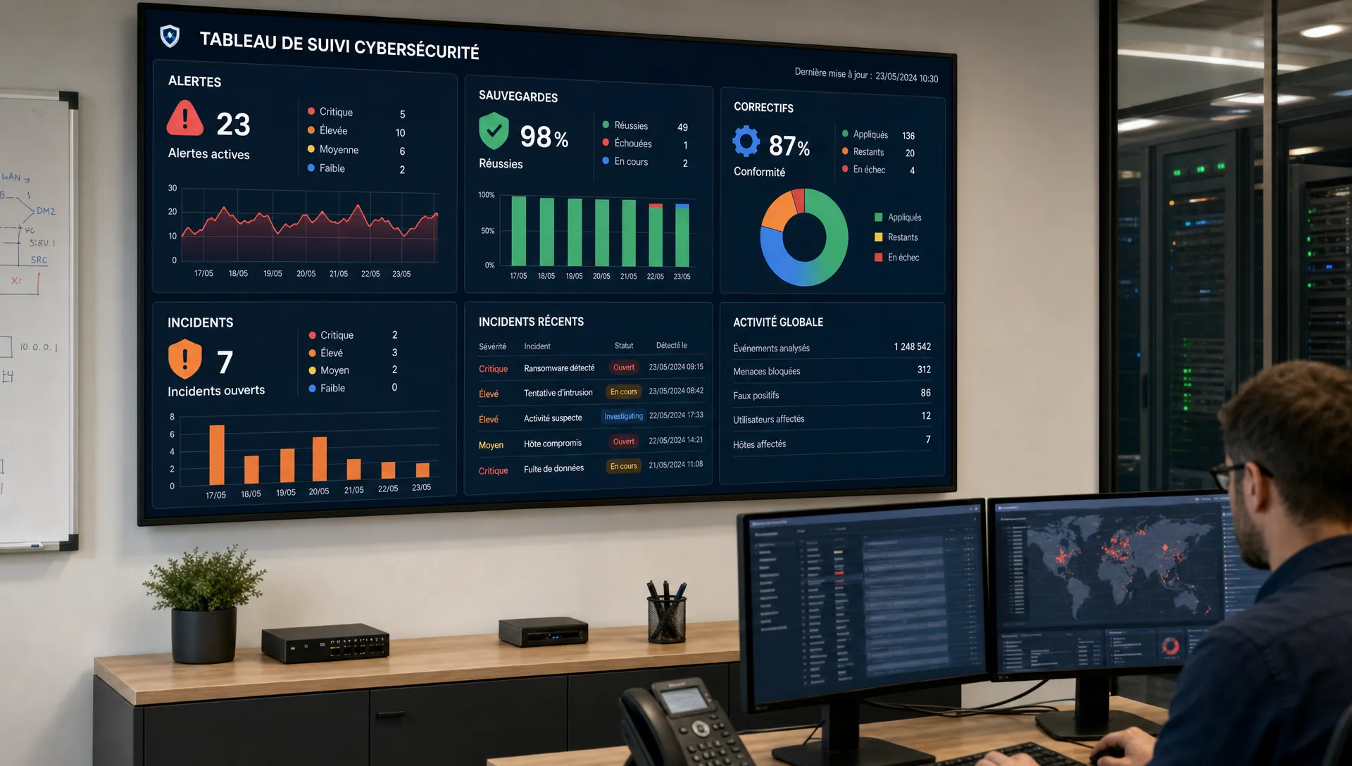 Un tableau mural de suivi cybersécurité affiche les alertes, les sauvegardes, les correctifs et les incidents dans un bureau technique.