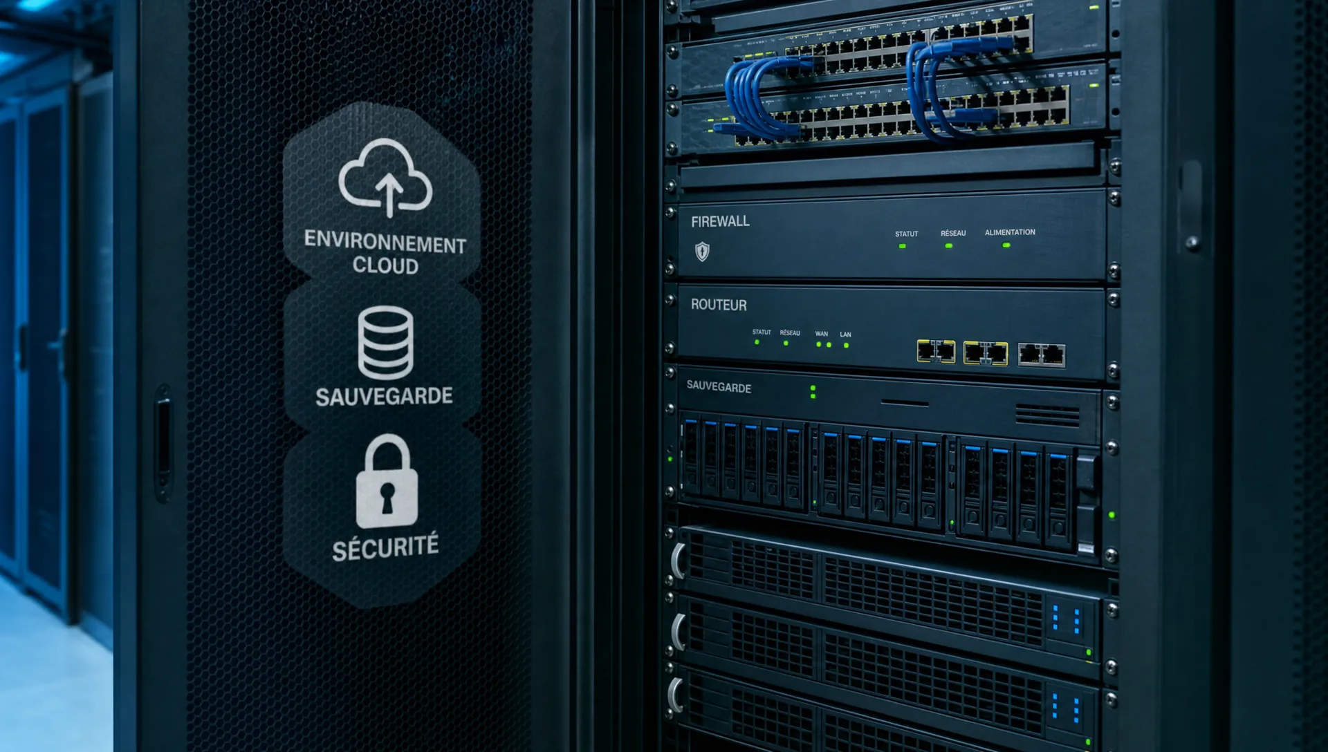 Une baie serveur avec routeurs et indicateurs illustre la supervision d’un environnement cloud, la sauvegarde et la sécurité.