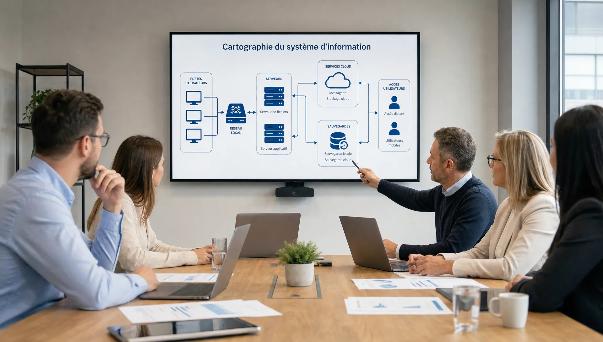 Une équipe de PME examine une cartographie simple de son système d'information avec des icônes représentant les postes, serveurs, cloud, sauvegardes et accès utilisateurs, sur un écran mural tourné vers la caméra dans une salle de réunion professionnelle.