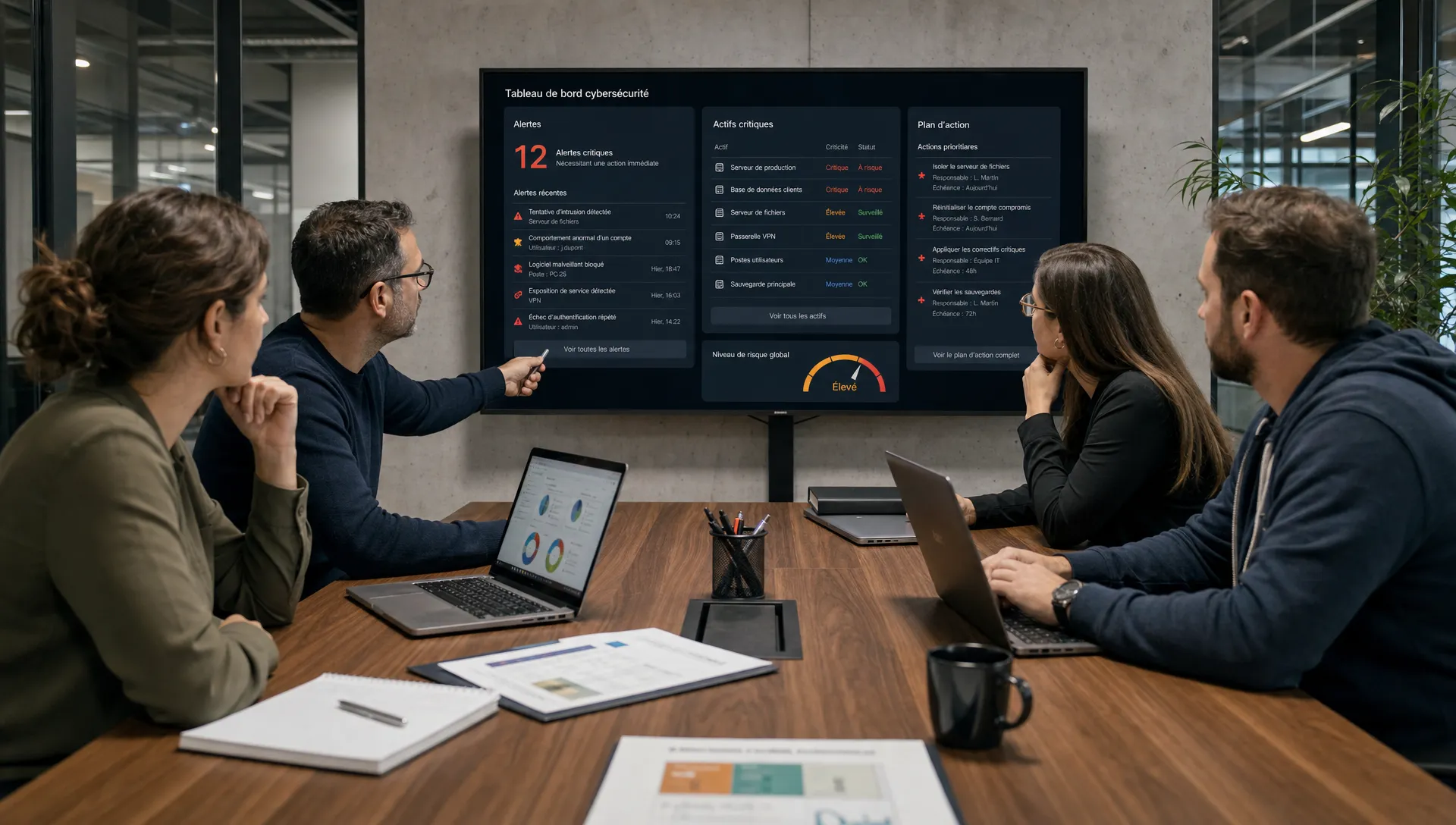 Une équipe informatique de PME compare des alertes cyber, des actifs critiques et un plan d’action autour d’une table.