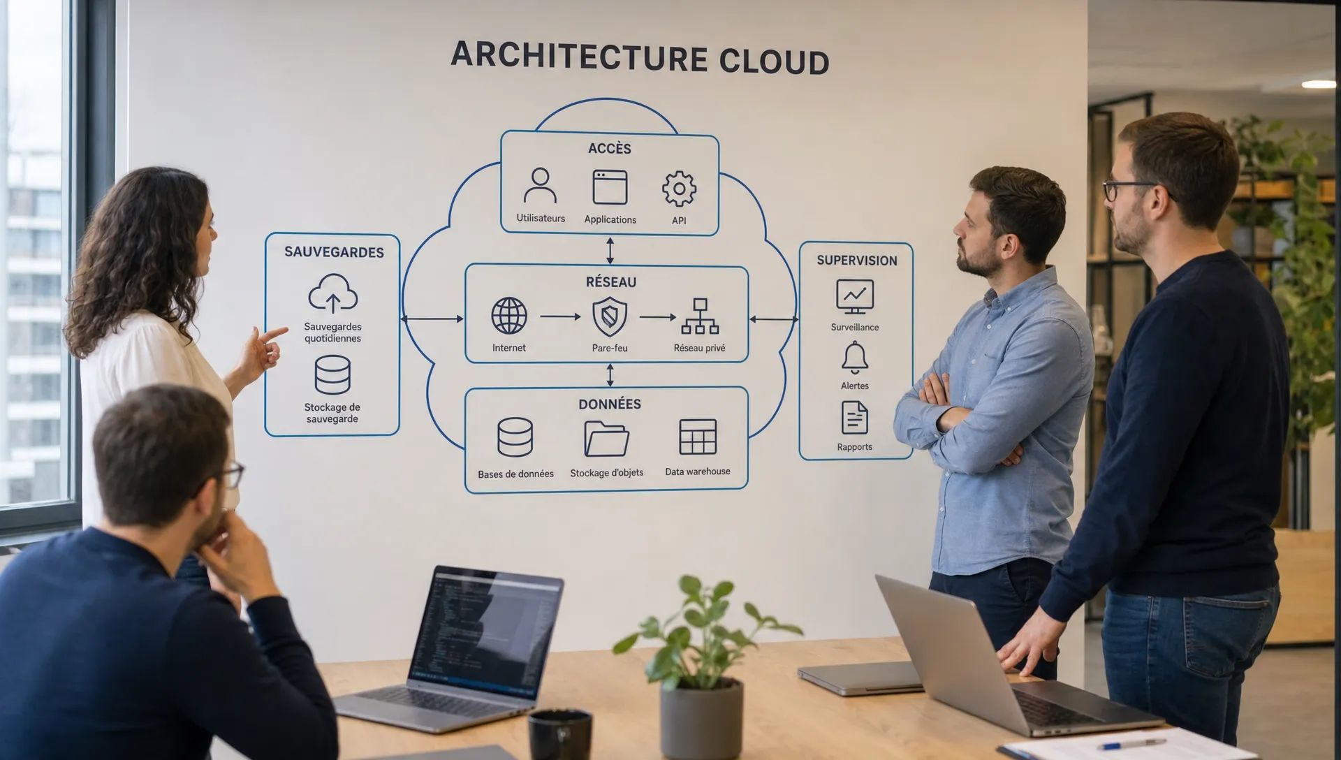 Une équipe informatique examine un schéma d’architecture cloud sur un mur, avec des éléments représentant les accès, les sauvegardes, le réseau, les données et la supervision.