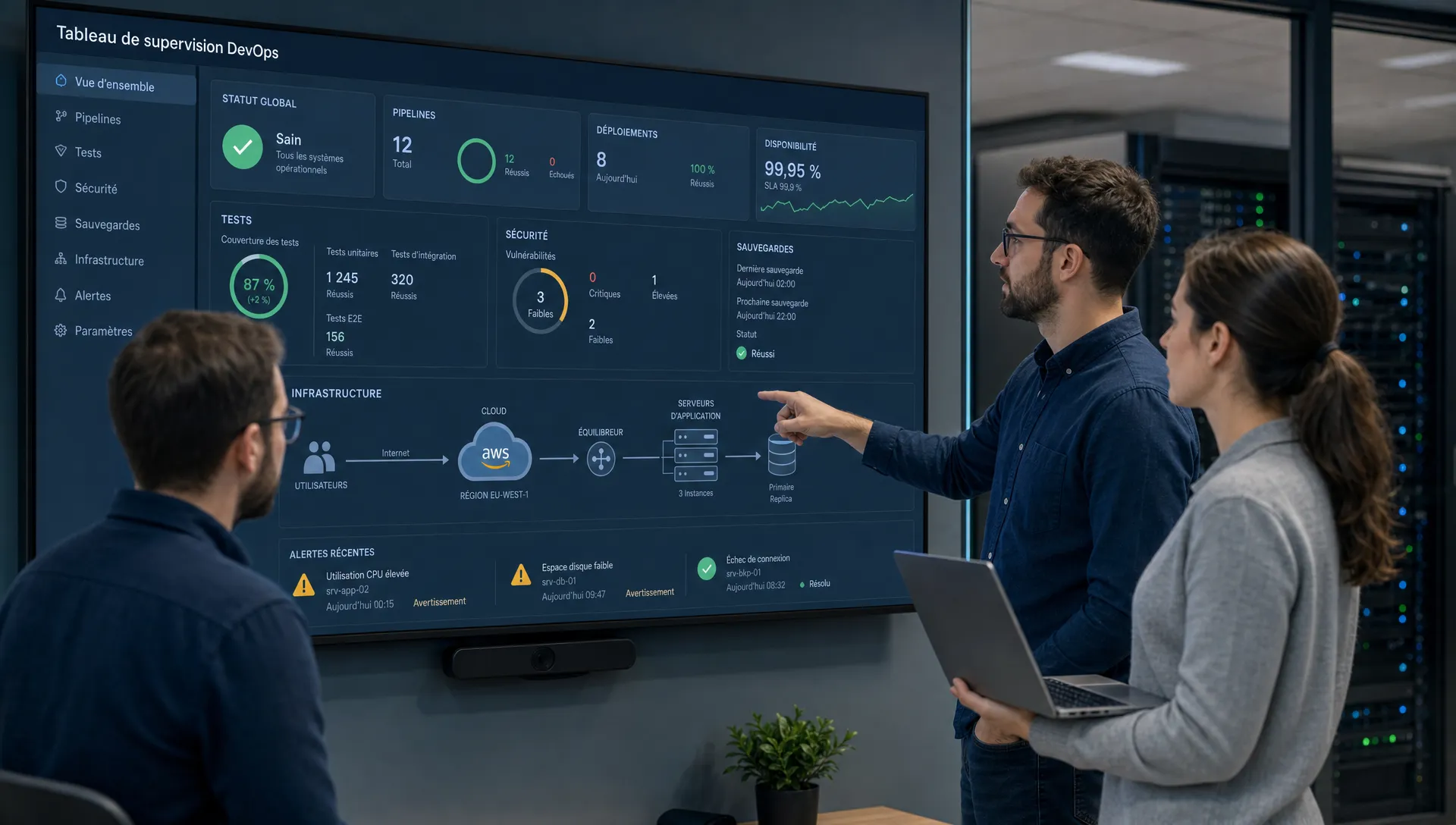 Une équipe informatique examine un tableau de supervision DevOps avec des indicateurs de tests, de sécurité, de sauvegarde et de disponibilité reliés à une infrastructure cloud et à des serveurs, dans une salle technique ordonnée.