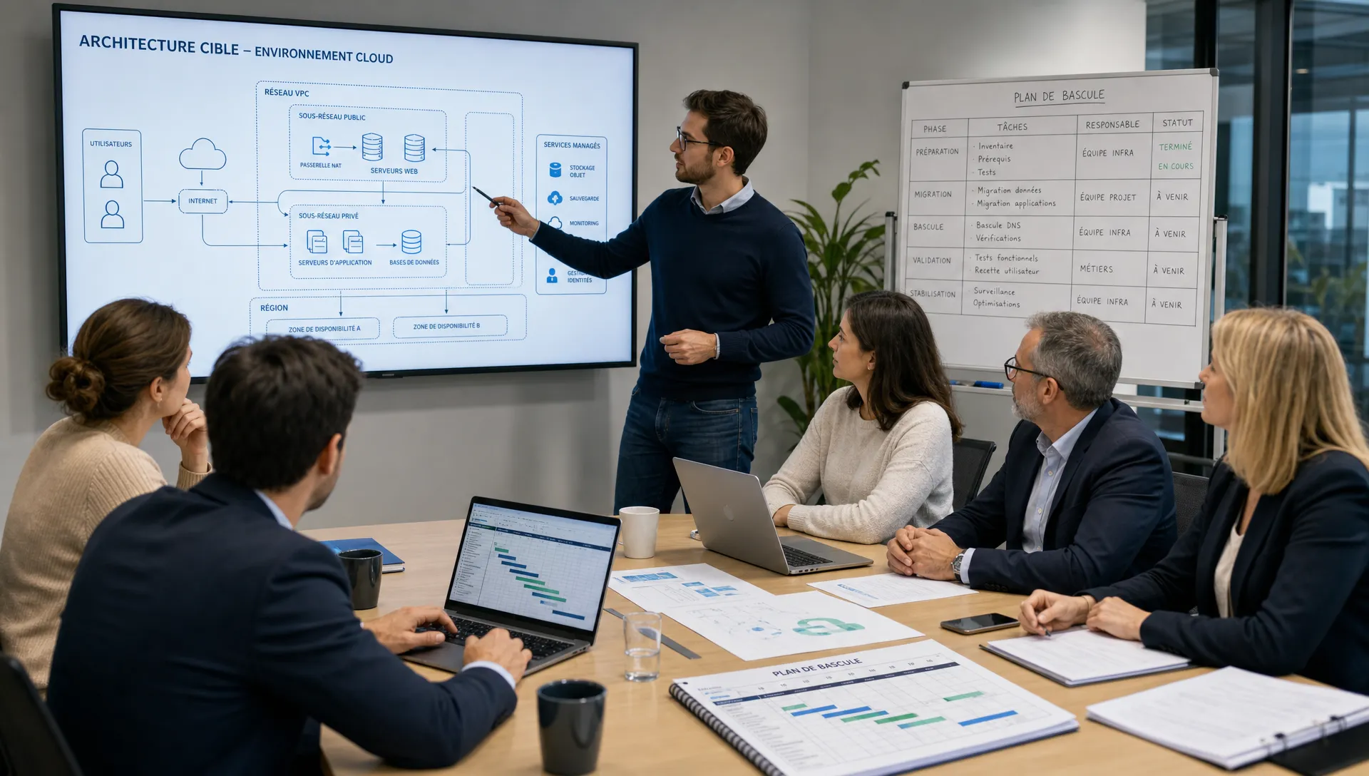 Une équipe prépare une installation cloud avec un schéma d’architecture, un planning de bascule et des responsables métier en consultation.