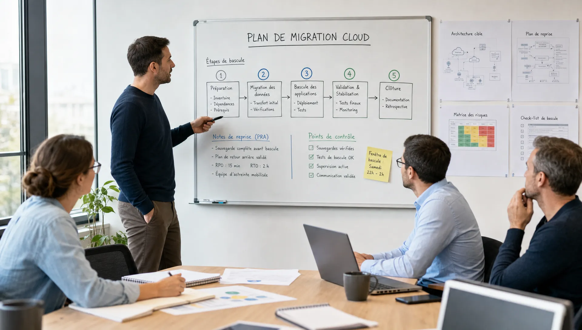 Une petite équipe IT et métier valide un plan de migration cloud autour d’un panneau affichant les étapes de bascule, avec des notes de reprise et des documents de contrôle, dans une salle de travail lumineuse.