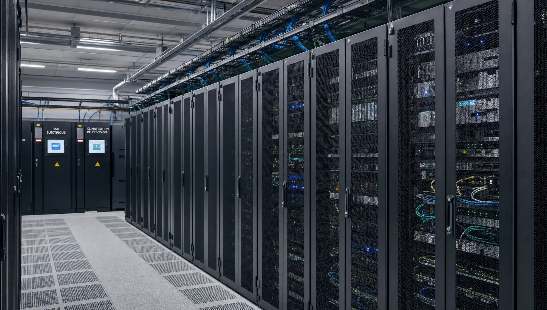 Une salle de datacenter professionnelle avec des baies serveurs alignées, des câbles réseau organisés, des équipements redondants et des voyants de supervision visibles sur les armoires techniques.
