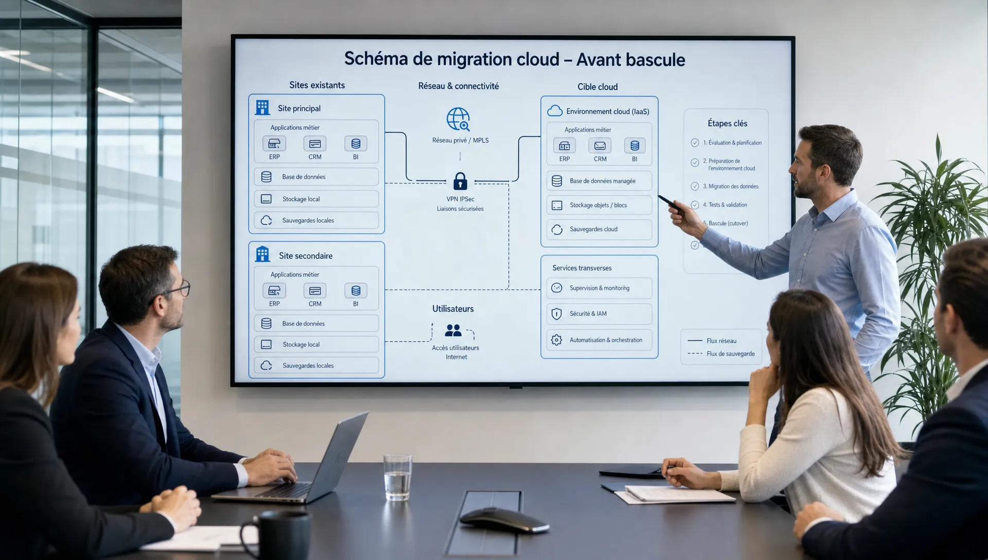 Une salle de réunion professionnelle montre un schéma de migration cloud avec applications métier, sauvegardes et réseau multisite avant bascule.