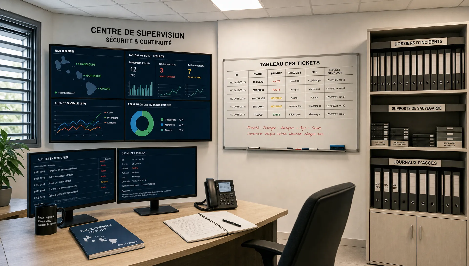 Une salle d’exploitation informatique affiche un mur de suivi, des tickets d’incident et des journaux de sauvegarde pour la cybersécurité.