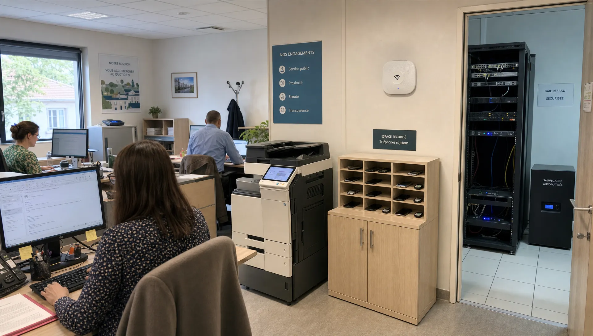 Bureau d’administration en activité avec agents, borne Wi‑Fi sécurisée et matériel de sauvegarde, montrant la cybersécurité au quotidien.